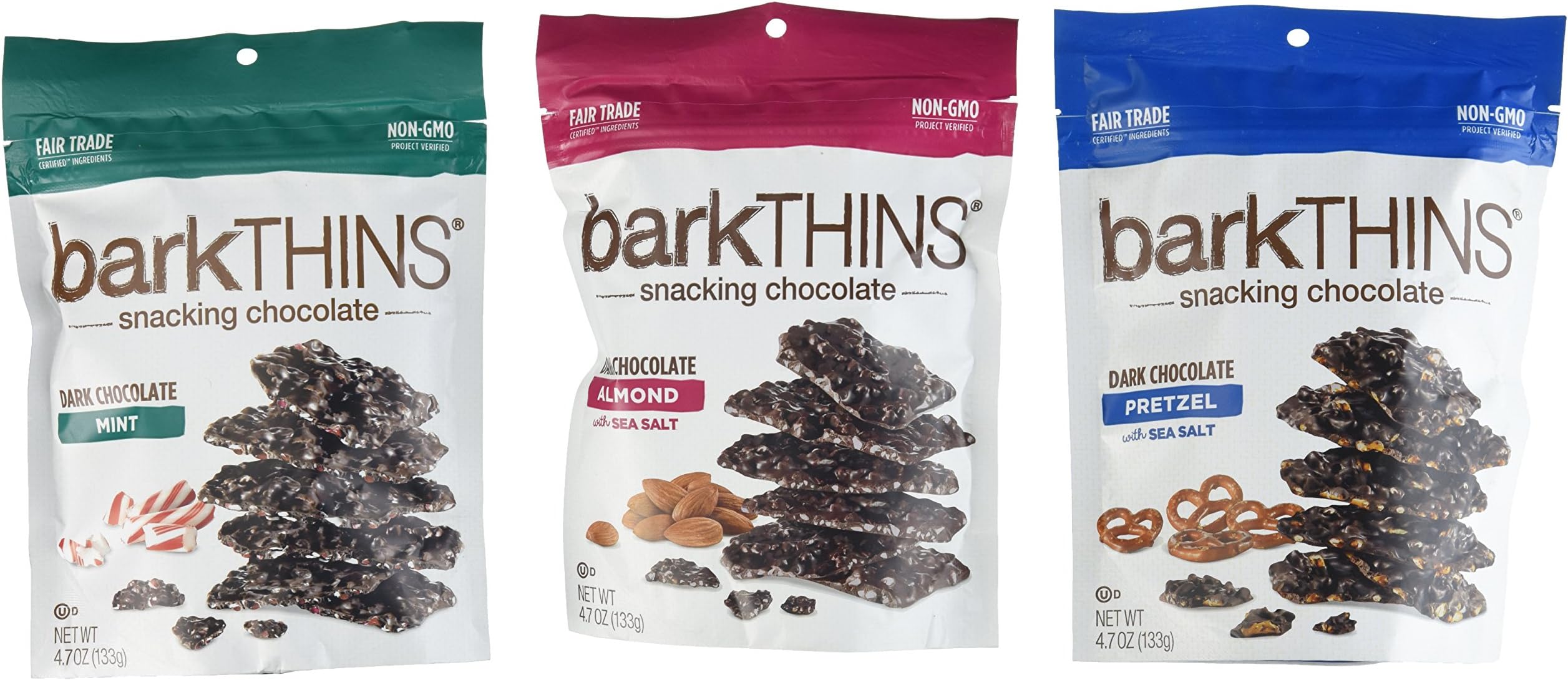 Bark Thins Snacking Chocolate Variety Pack of THREE - Dark Chocolate Almond, Dark Chocolate Mint, & Dark Chocolate Pretzel, 4.07 ounce each (3 Pack)