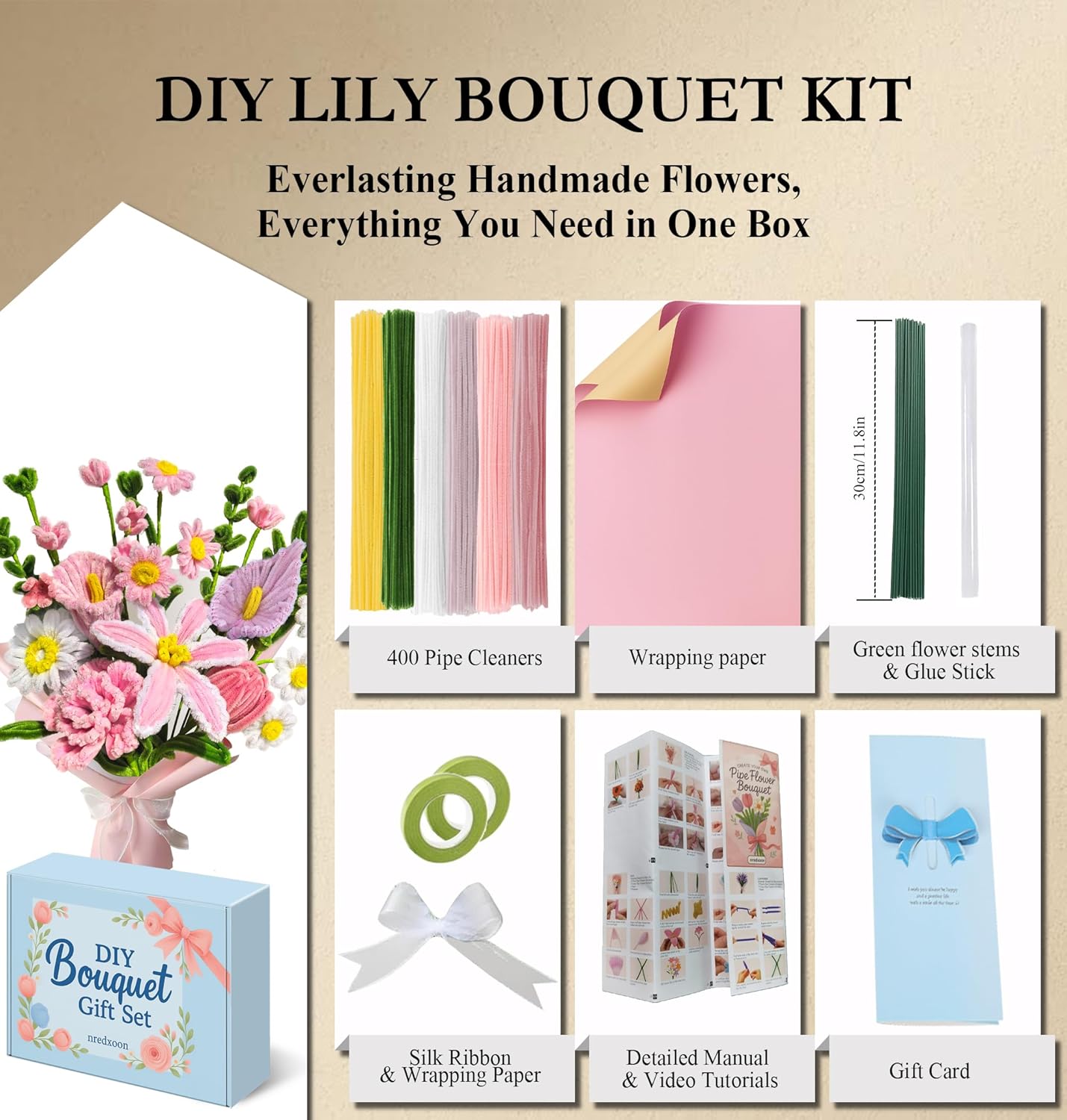 Pipe Cleaner Crafts Flower Kit - 400PCS Fluffy 6 Colors Chenille Stems Bouquet with Gift Box Video Instructions - DIY Pipecleaner Flower Making Kit for Mother's Day(Pink)