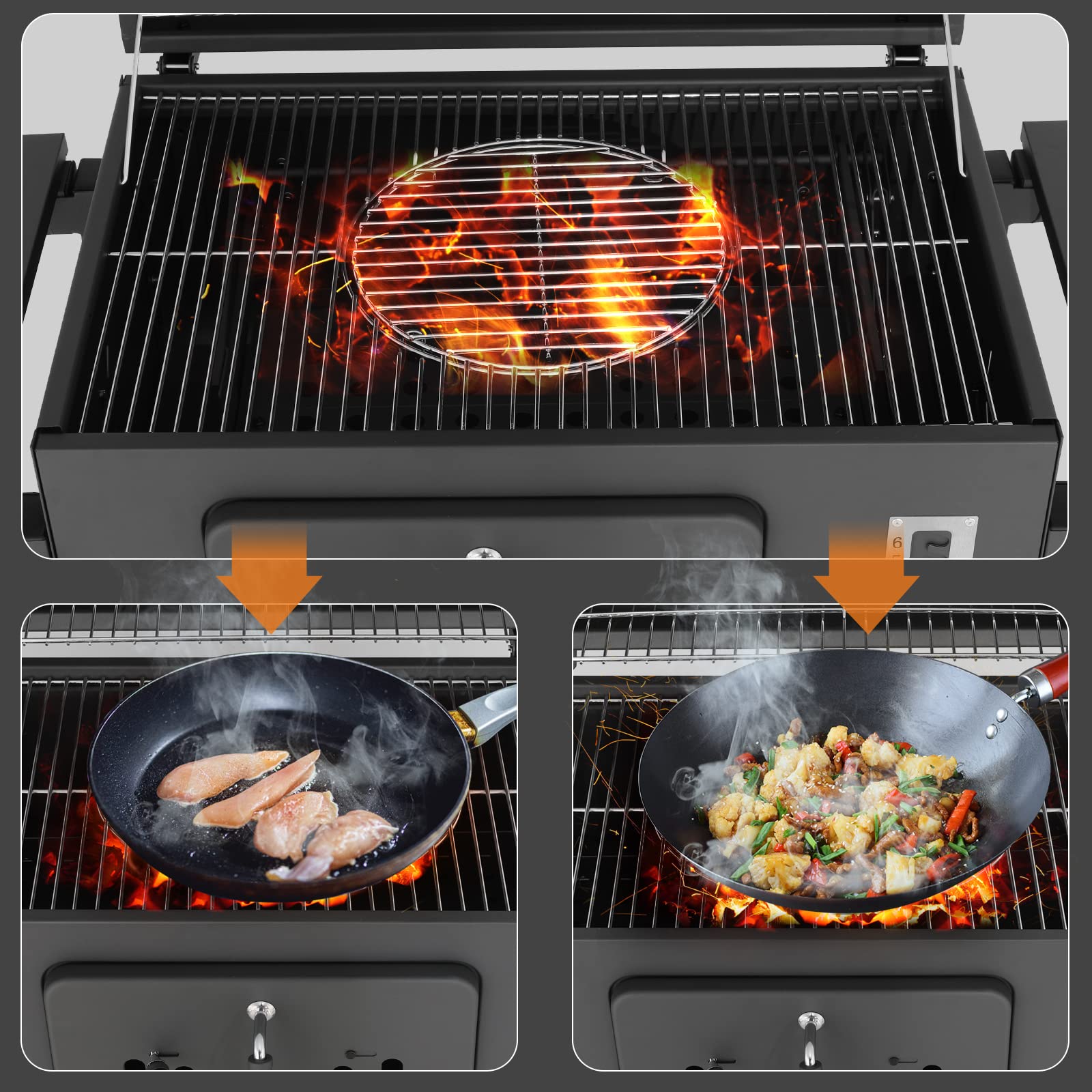 TLSUNNY Barbecue a carbonella XXL con ruote, barbecue a carbonella con coperchio, barbecue a pavimento, affumicatore, grande capacità, 152 x 136 x 60 cm, grigio