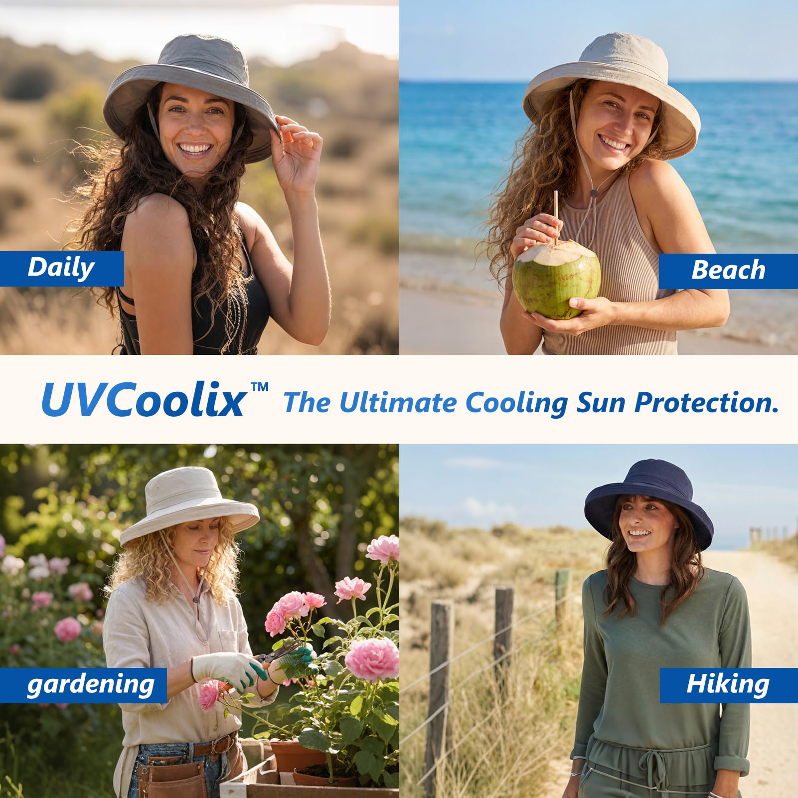 TOP-EX UVCoolix™ - Chapeau de soleil rafraîchissant pour femme - Protection UV UPF 50+ - Large bord - Pliable - Avec ouverture pour queue de cheval - Pour la plage, la randonnée, le jardinage