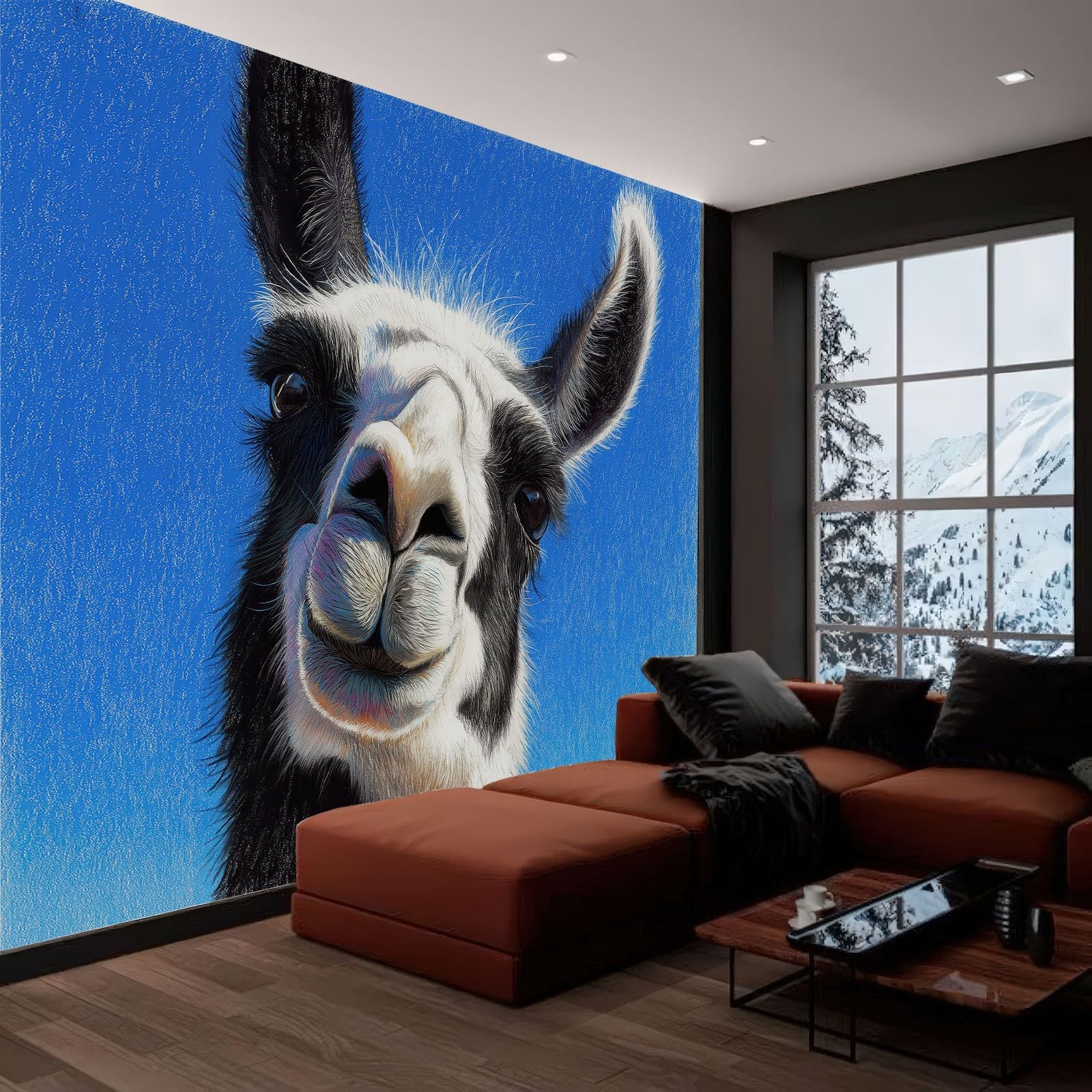 Tapeta zwierzę alpaka 250 x 175 cm panoramiczny gobelin, szkic ołówkiem, tapeta z włókniny do salonu, sypialni, pokoju dziecięcego, dekoracja ścienna