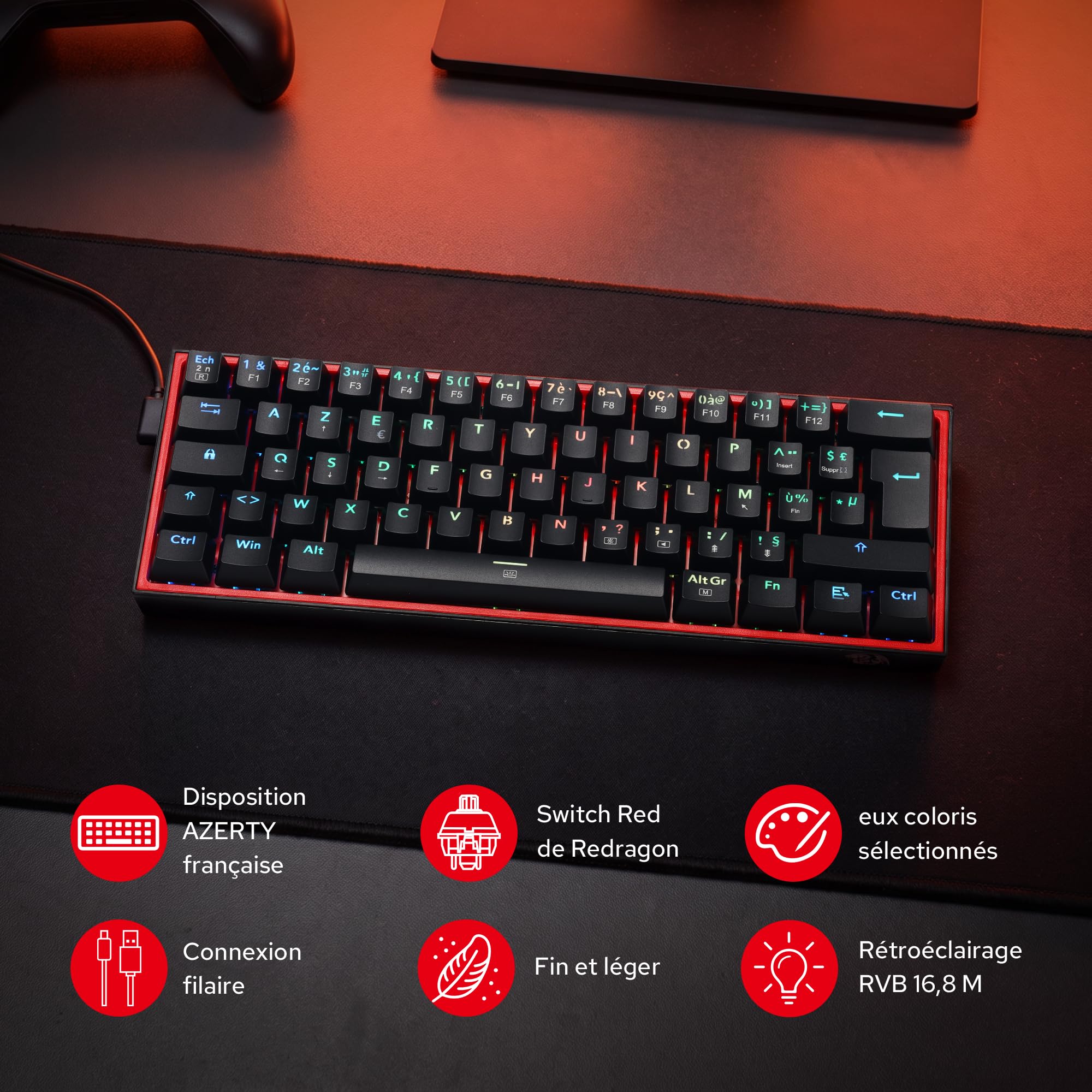 Redragon CB201 Combo Gaming Filaire 60% Compact AZERTY Française Hot-Swap Clavier mécanique 20 Modes RGB 5 Niveaux DPI jusqu'à 8000 DPI 11 Boutons programmables tir Rapide Logiciel Pro macros