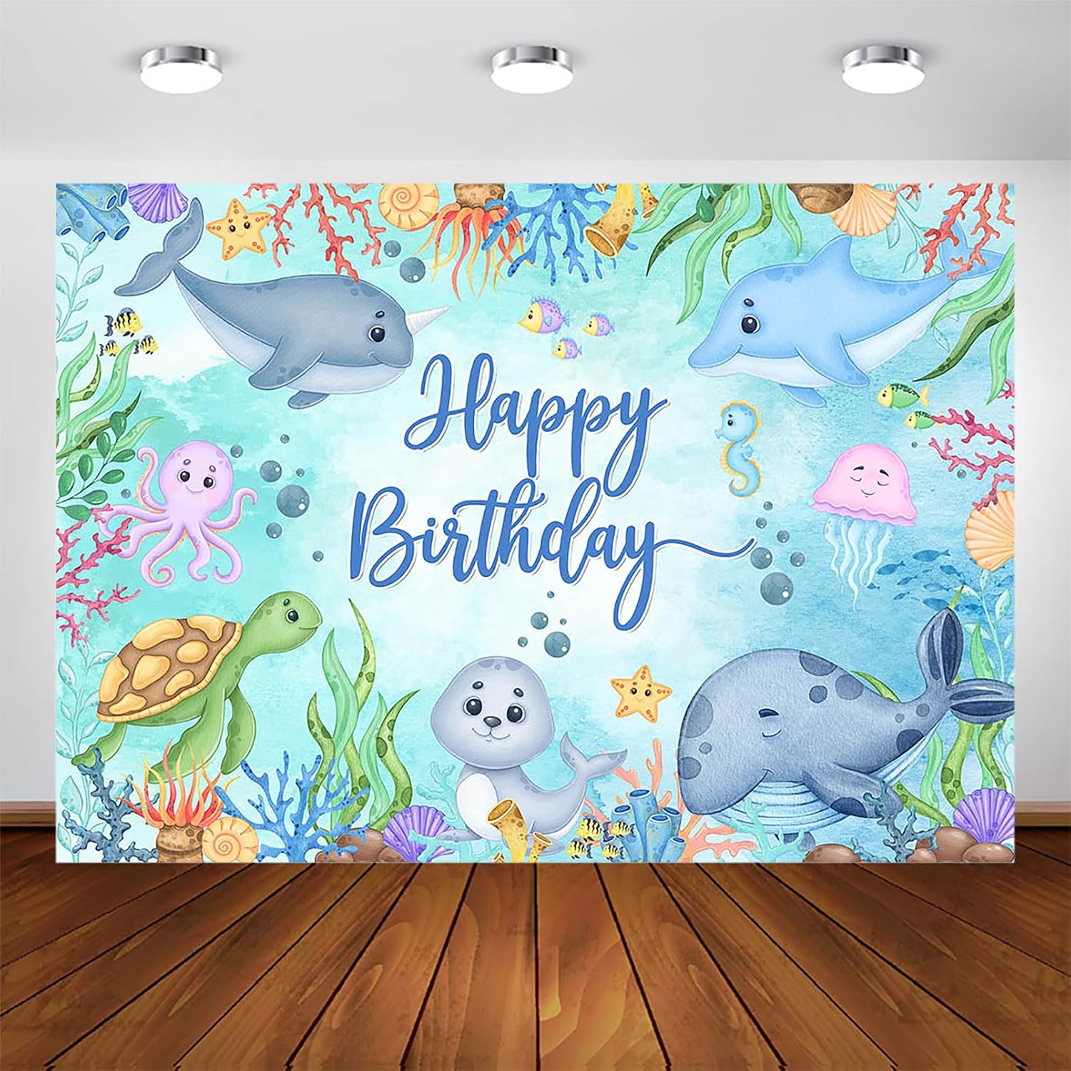Avezano Under The Sea Birthday Backdrop Ocean Animal Happy Birthday Party Decorations Dolphin Shark Underwater World Birthday Banner for Kids (7x5ft)
