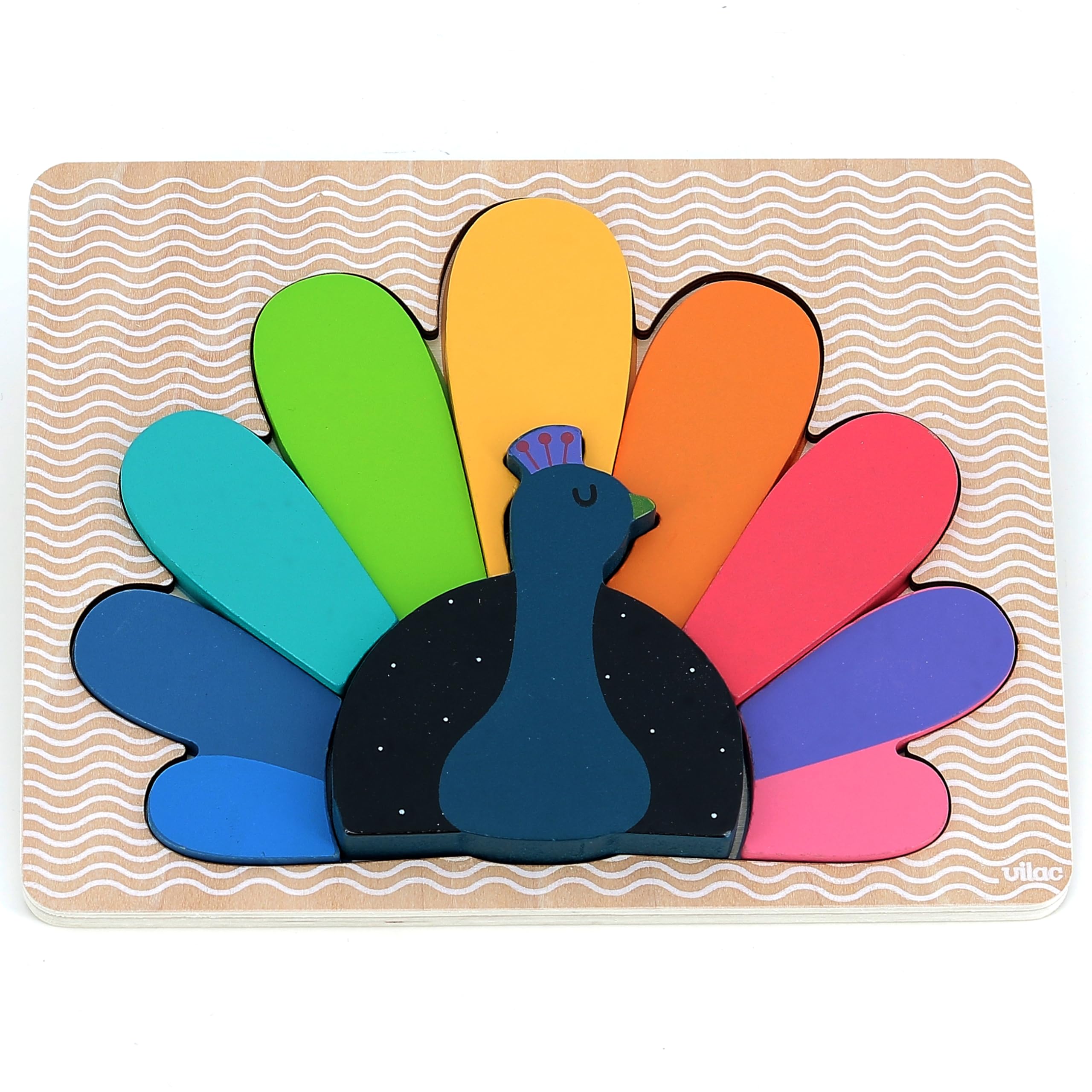 Vilac Wooden Animal Shape Puzzle, Montessori Game, 2+ Years, Peacock Theme Illustrated by Graphic Designer Andy Westface