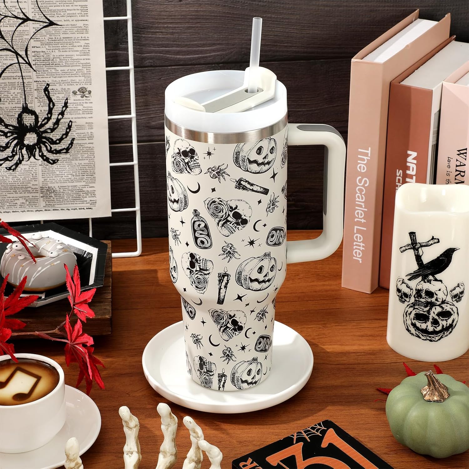 JarThenaAMCS Halloween Tumbler with Handle 40oz Pumpkin Skull Crow Tumbler with Lid Straw Black Beige Spooky Stainless Steel Cup for Home Office Travel - Image 4