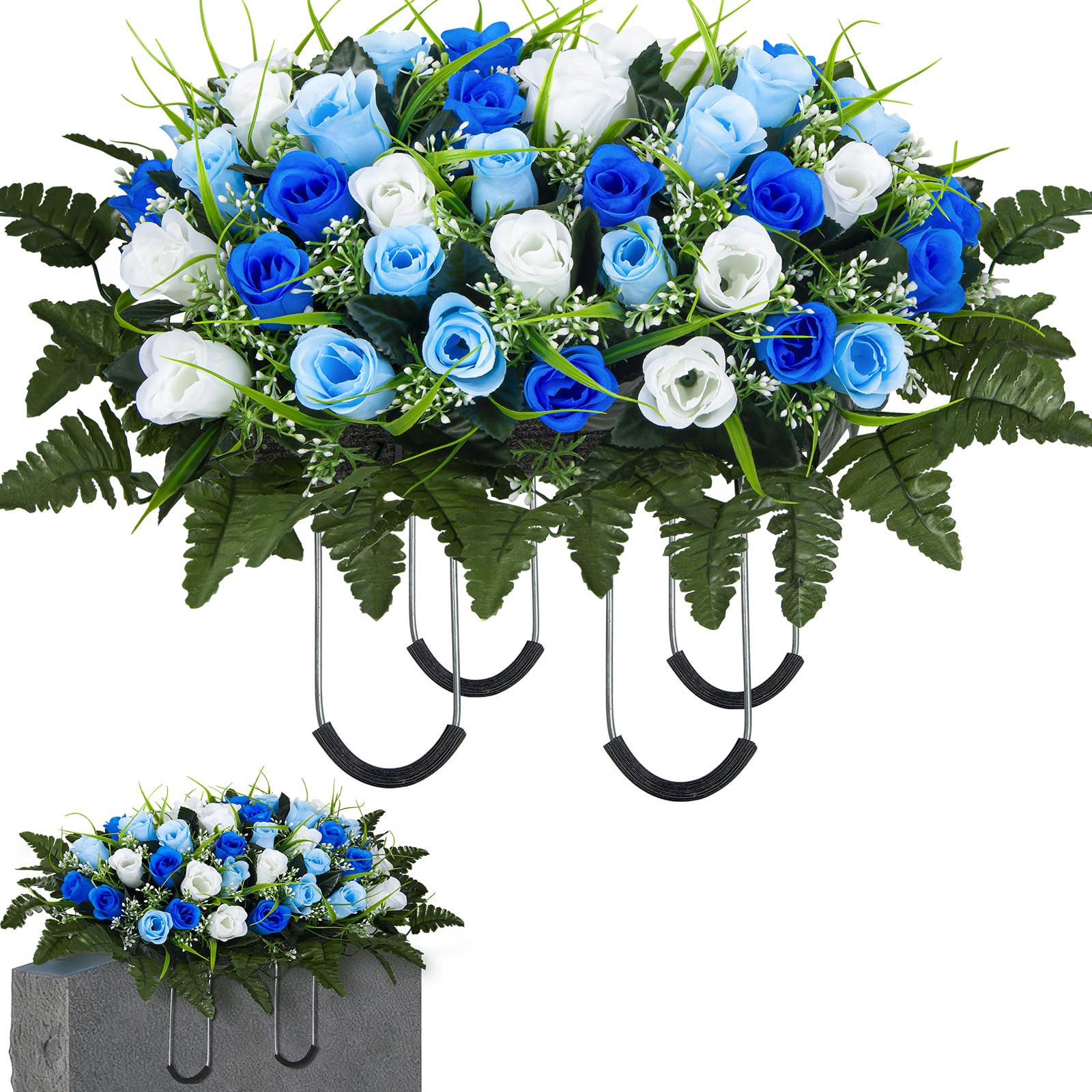 Artificial Cemetery Flowers Saddle, Grave Flowers Rose for Cemetery, Memorial Headstone Flowers Saddle for Grave Tombstone Decorations (1, Blue & White) image 6