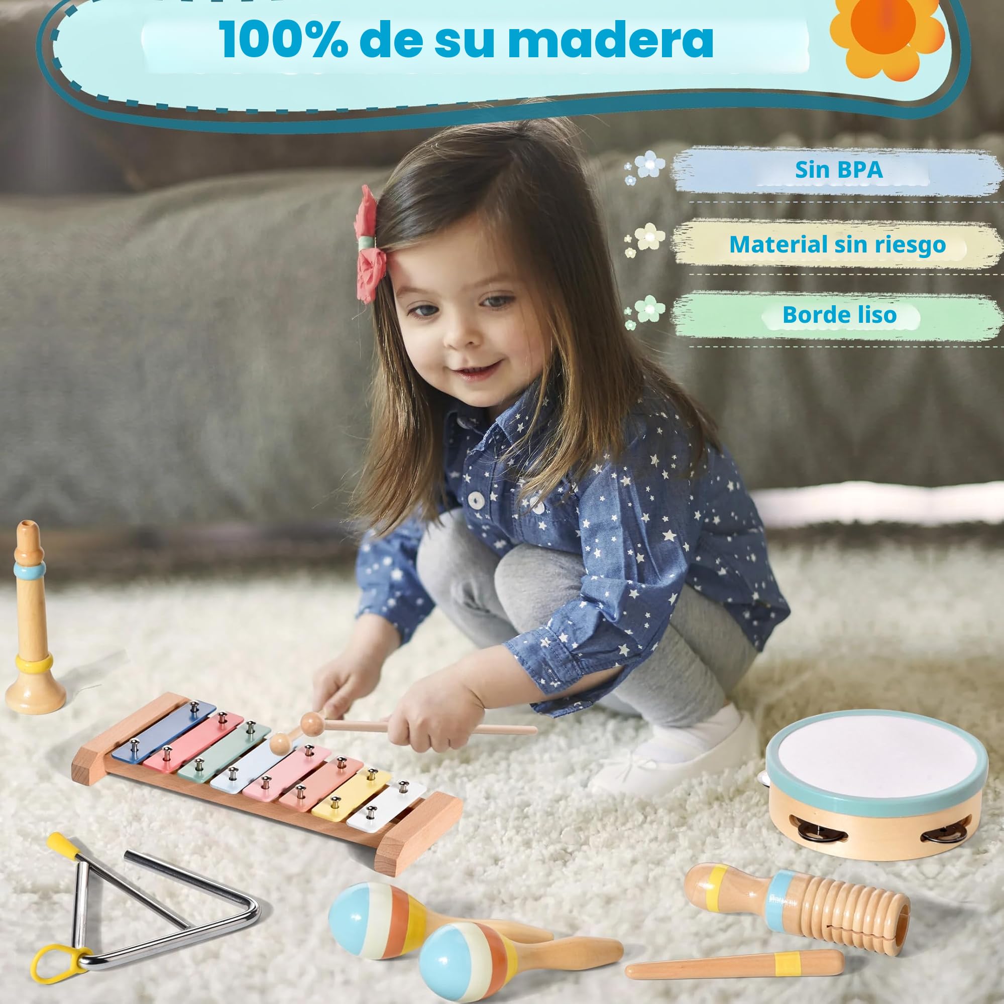 Instrumentos Musicales para Bebé Montessori, Juguete de Madera para Niños Pequeños de 1 a 3 Años, Instrumentos Musicales 6 en 1, Juguete Montessori a Partir de 3 4 5 Años con Moderno Xilófono Boho