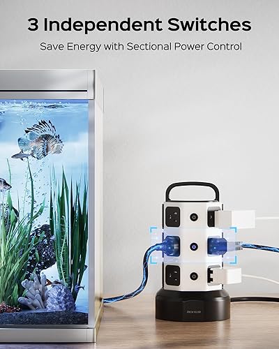 Miniatura 4 de JACKYLED - Protector de sobretensiones de torre de alimentación de 1625 W 13 A torre eléctrica de sobretensión 12 tomas 6 puertos USB estación de