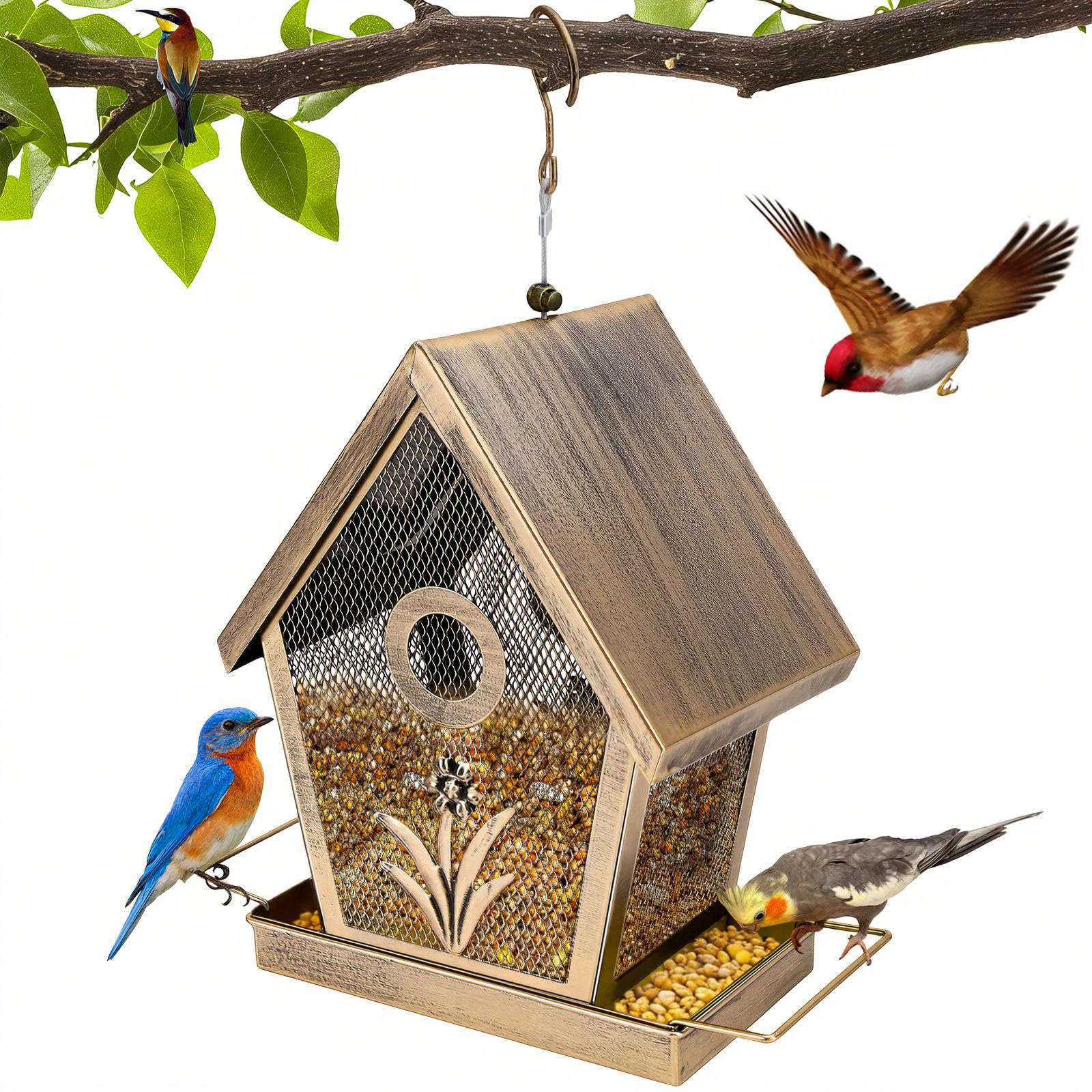 Comedero para pájaros de metal colgante para pájaros silvestres, resistente al agua, pequeño comedero para pájaros, capacidad de 1,1 kg, para pájaros silvestres, jardín, patio