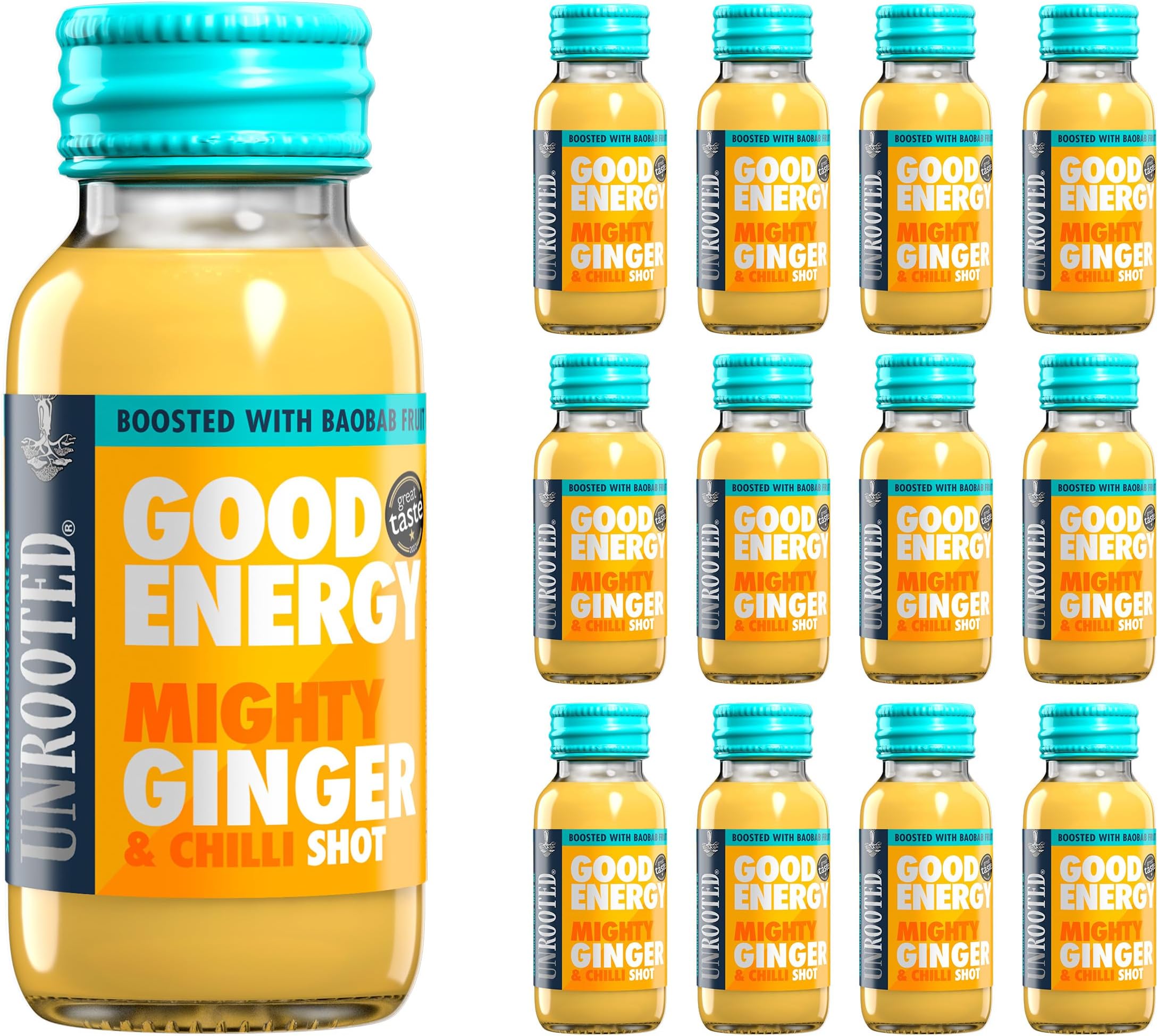 UNROOTED Good Energy Shot (12 Pack, Mighty Ginger) - Immune System and Natural Energy Booster - 12 x 60ml Bottles - Ginger, Turmeric, Chilli & Baobab