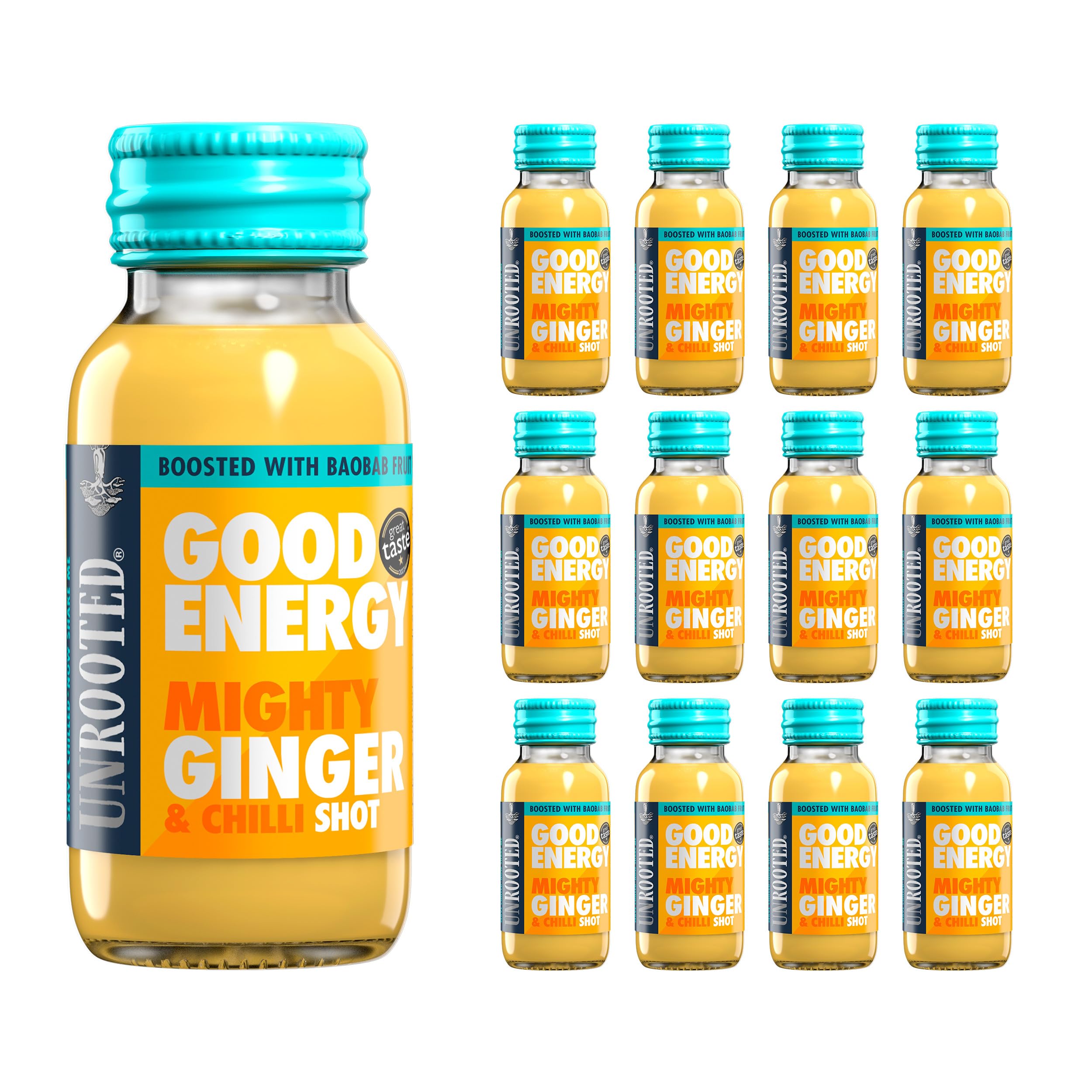 UNROOTED Good Energy Shot (12 Pack, Mighty Ginger) - Immune System and Natural Energy Booster - 12 x 60ml Bottles - Ginger, Turmeric, Chilli & Baobab