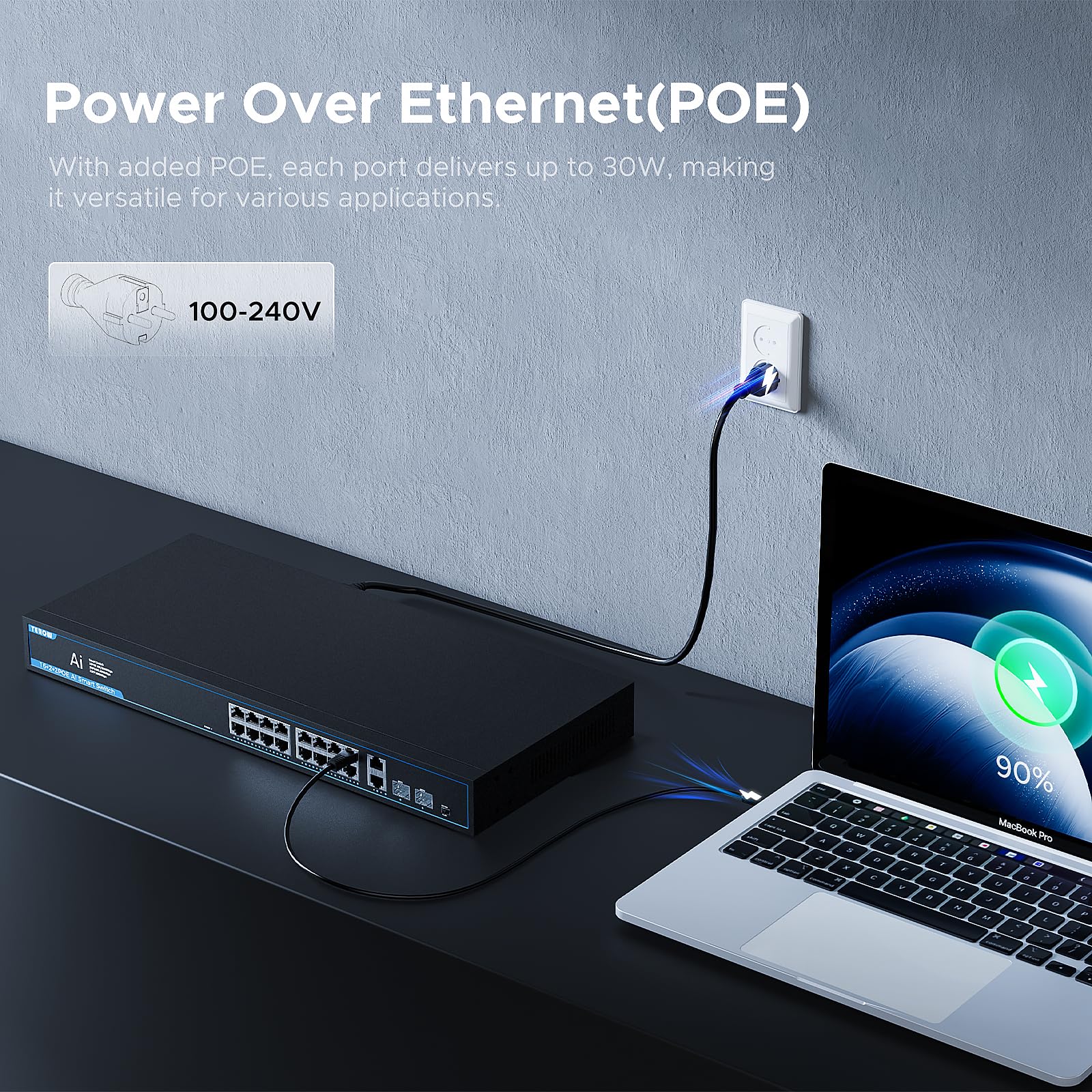 Switch di rete Gigabit a 20 porte con 16 porte PoE e 2 slot Uplink e 2 SFP - Conforme 802.3af/at, Plug & Play, ottimizzazione del traffico, design silenzioso senza ventola