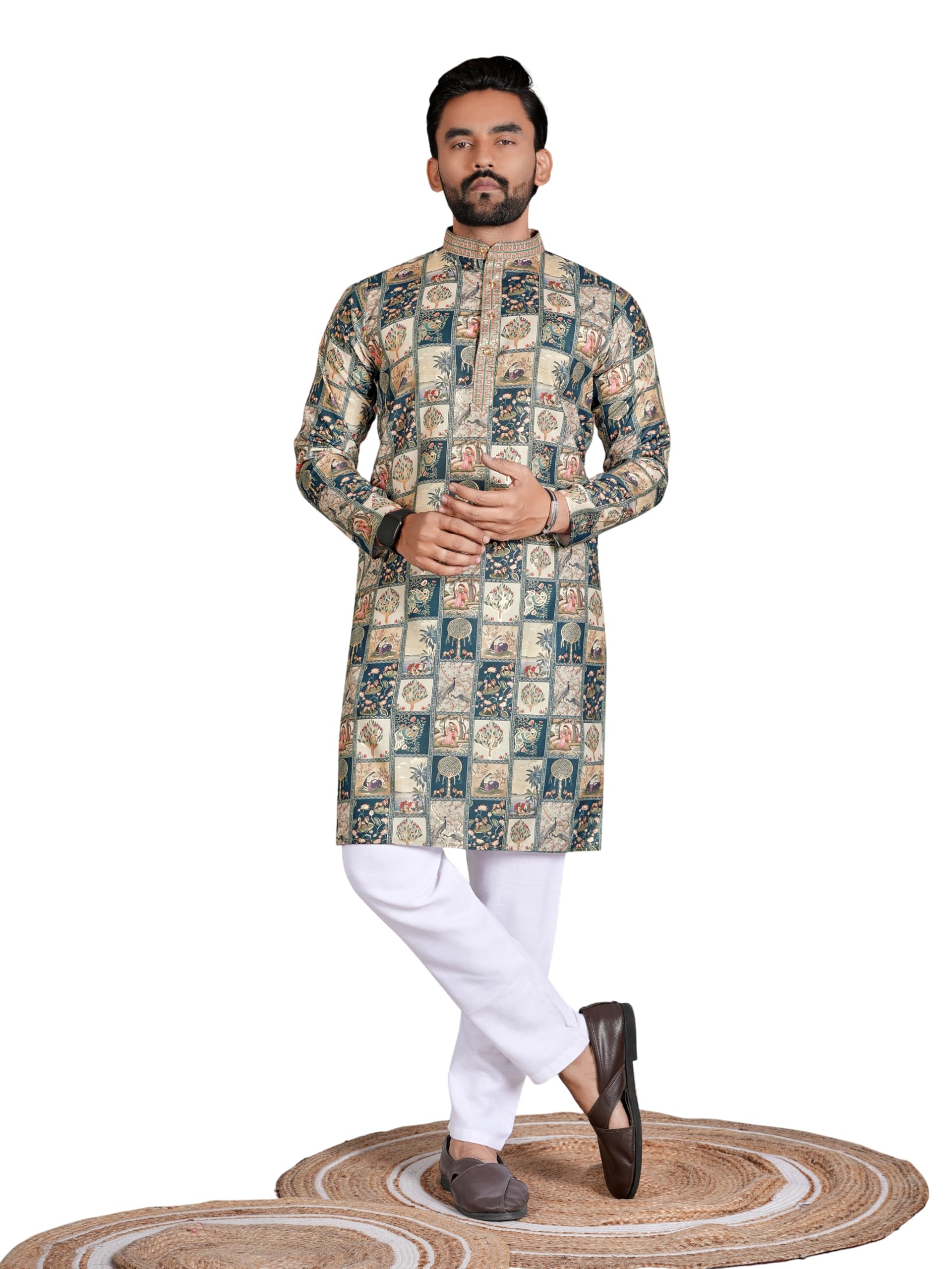 Multicolor Floral Foil Printed Linen Cotton Designer Ethnic Kurta for Men – Wedding Festive-image-36