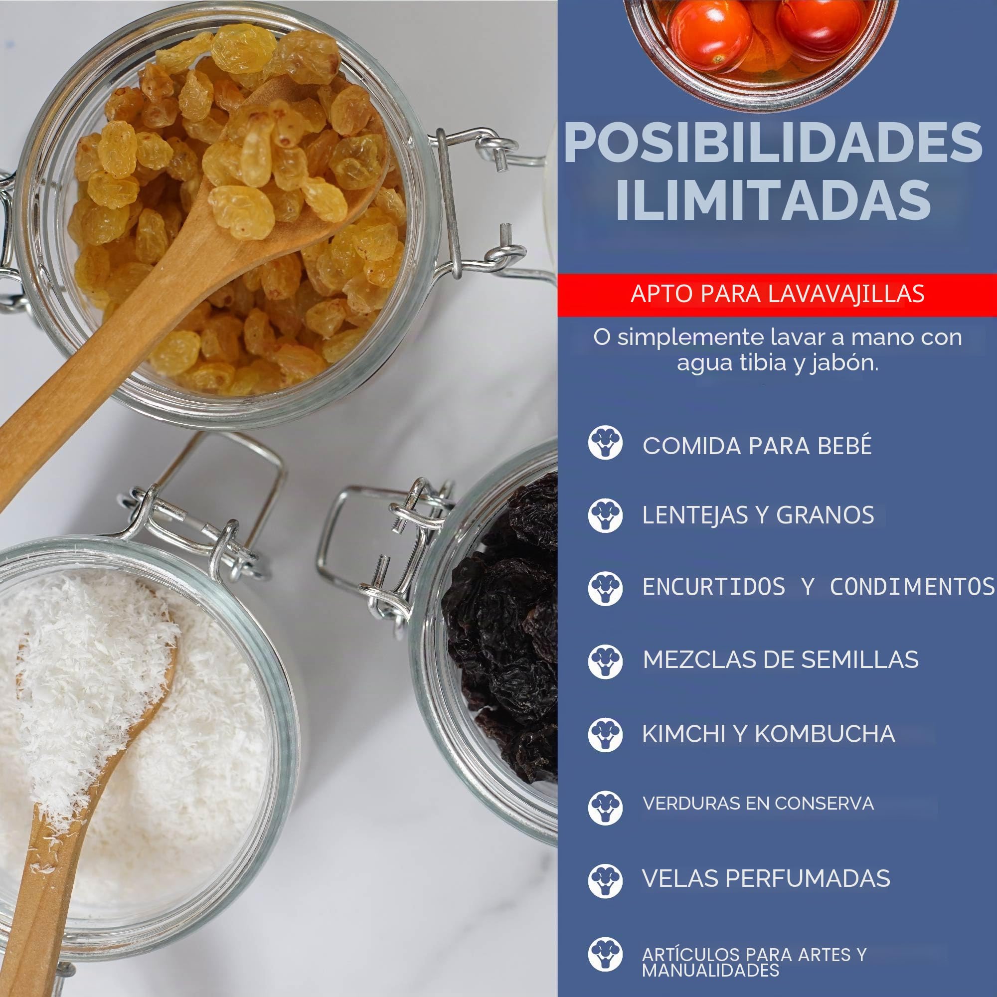 HEFTMAN Juego de 6 tarros de vidrio herméticos de 1 litro con tapas y sello de silicona, para pasta, granos de café, iniciación de masa madre, juego de tarros de almacenamiento de alimentos