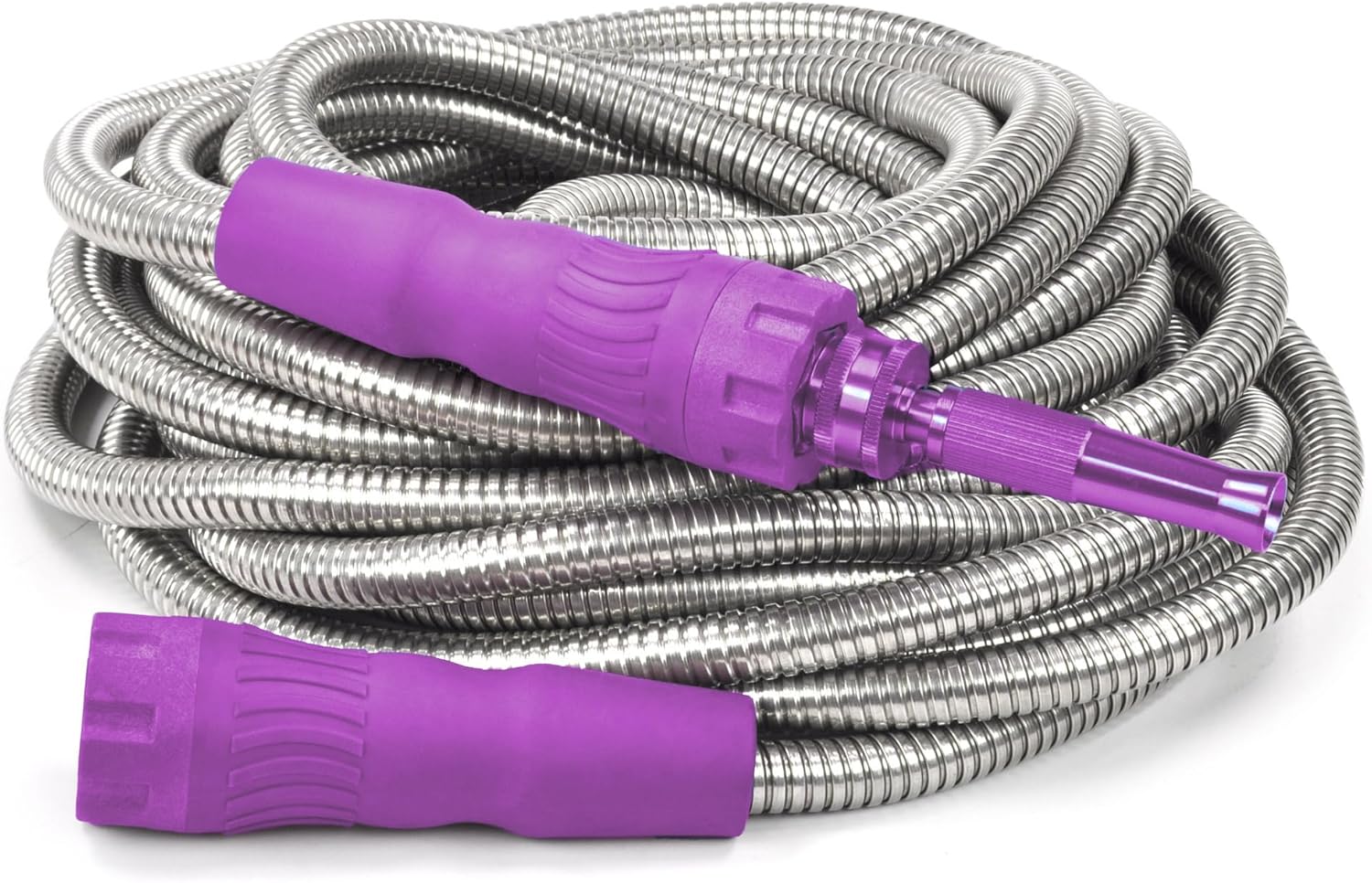 Bernini Pro Series Metal Garden Hose 50 Ft Super Flexible Garden Hose, Lightweight No Kink Puncture Resistant 304 Stainless Steel Hose With Aluminum Spray Nozzle & New Large Grips (50', Berry)