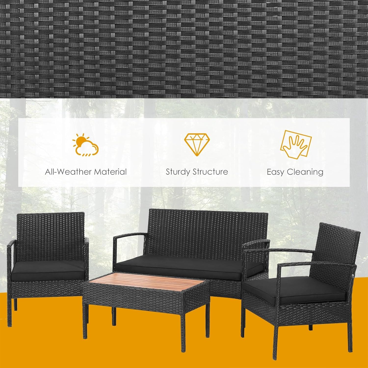 4PCS Black Patio Rattan Furniture Set Durable Cushioned Chair Wooden Tabletop Black