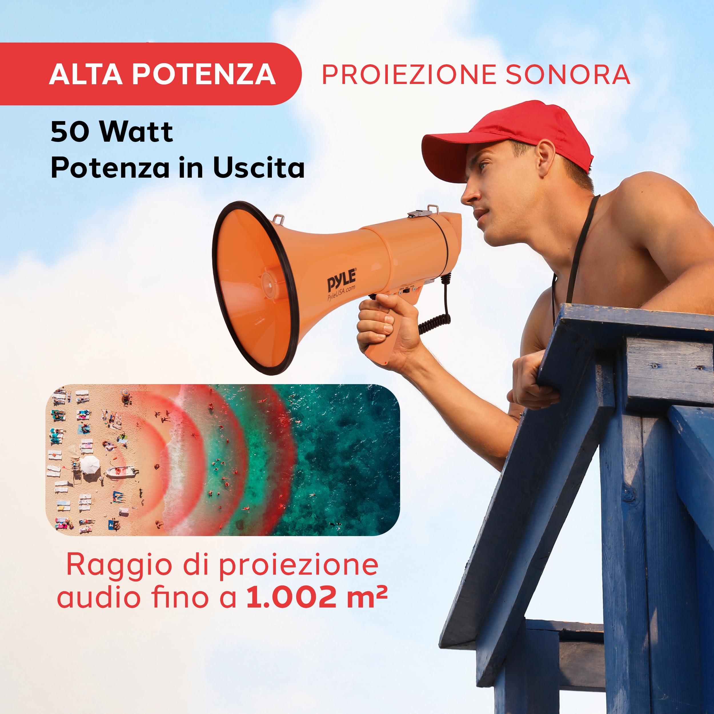 Pyle Megafono da 50 W, Portatile, Sirena Automatica e Volume Regolabile, Portata di proiezione Fino a 1200 Metri Quadrati, Ingresso AUX, Conversazione, Sirena, Musica, Fischietto e Registrazione,