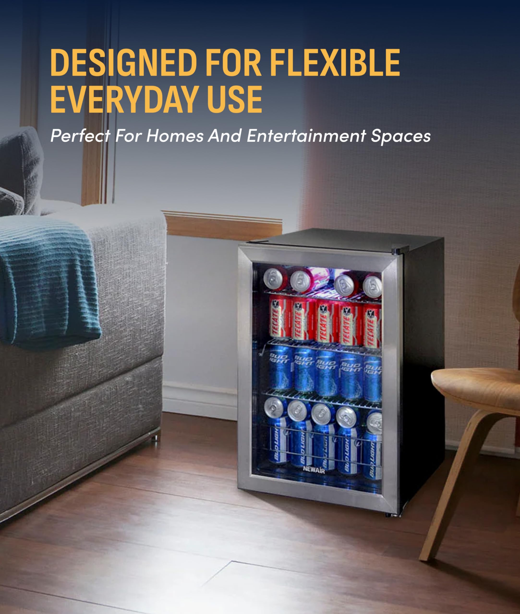 NewAir 90 Can Beverage Refrigerator | 17” Freestanding Small Mini Fridge For Bedroom, Home Bar Or Office | Quiet Compressor Cooling & Adjustable Shelves | Stainless Steel on Fridge.com - View 4