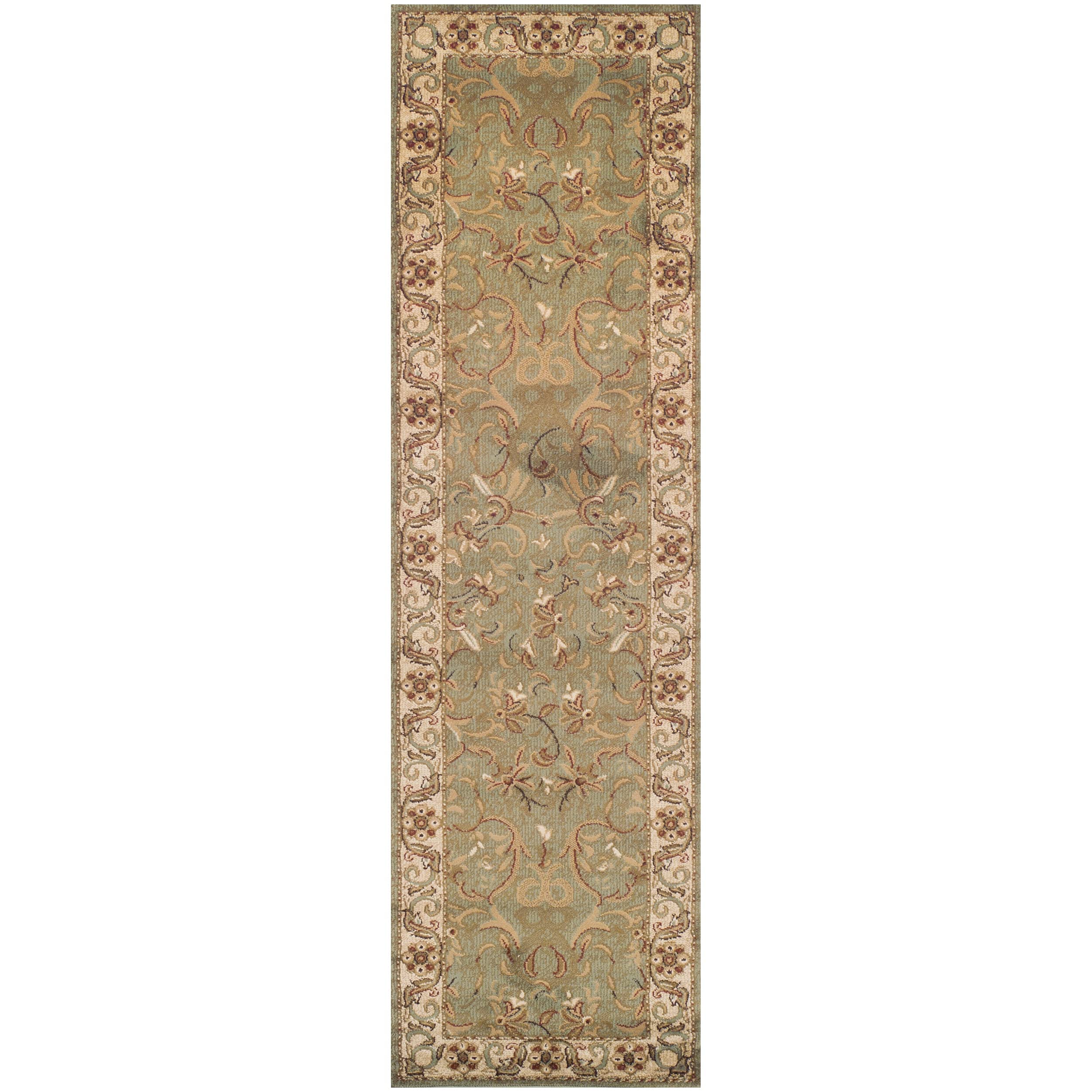 Superior Indoor Runner Rug, Jute Backed Rugs For Bedroom, Office, Entryway, Hallway, Kitchen, Traditional Floral Scroll Floor Decor, Heritage Collection, Green, 2' 7" x 8'