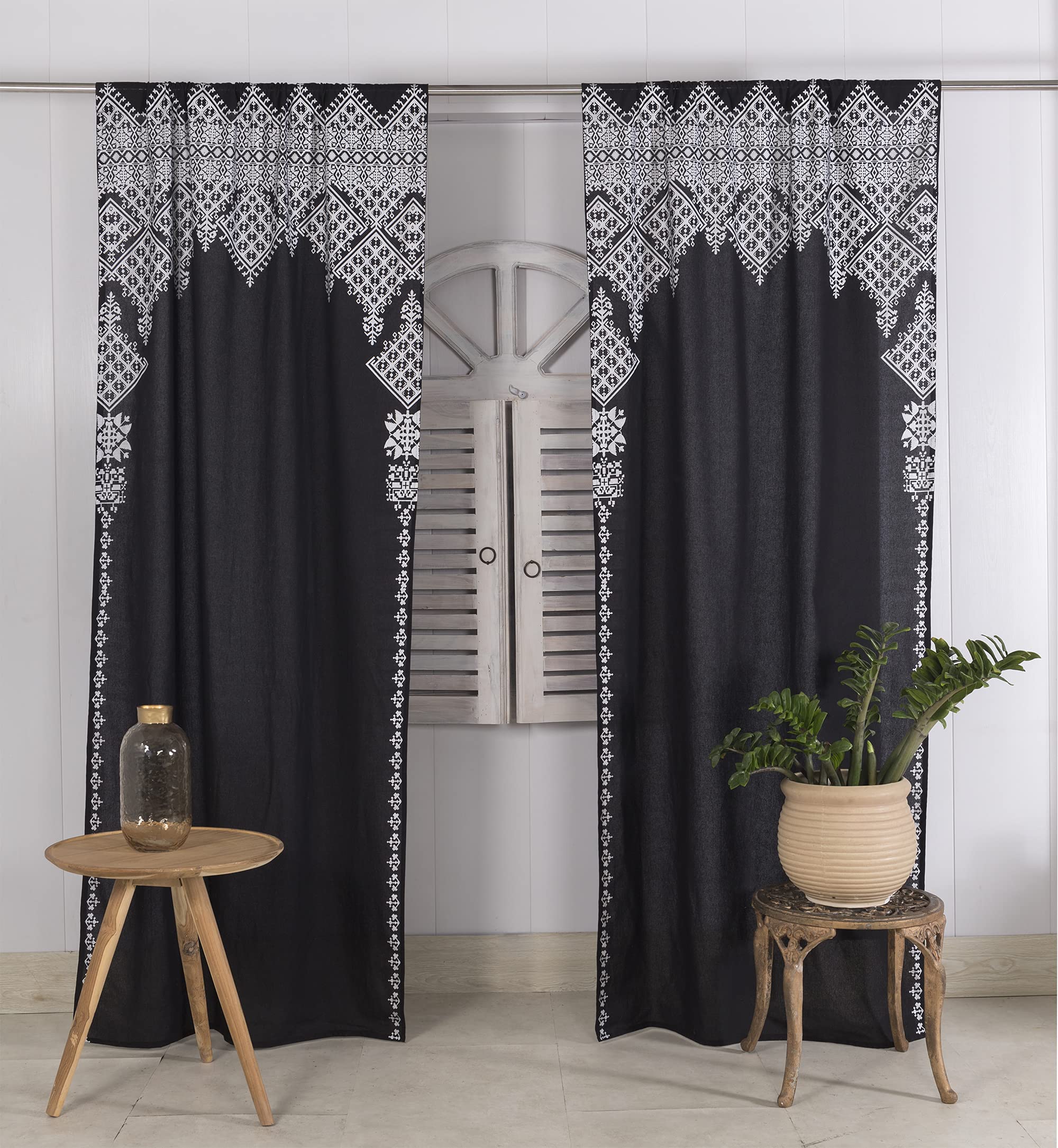 Madhu International Set of 2 Bohemian Curtains - Handmade Cotton Indian Tapestry Curtain - Curtain Drape with Rod Pocket - Floral Printed Mandala Curtain Panel for Living Room - Black Silver, 41 X 87