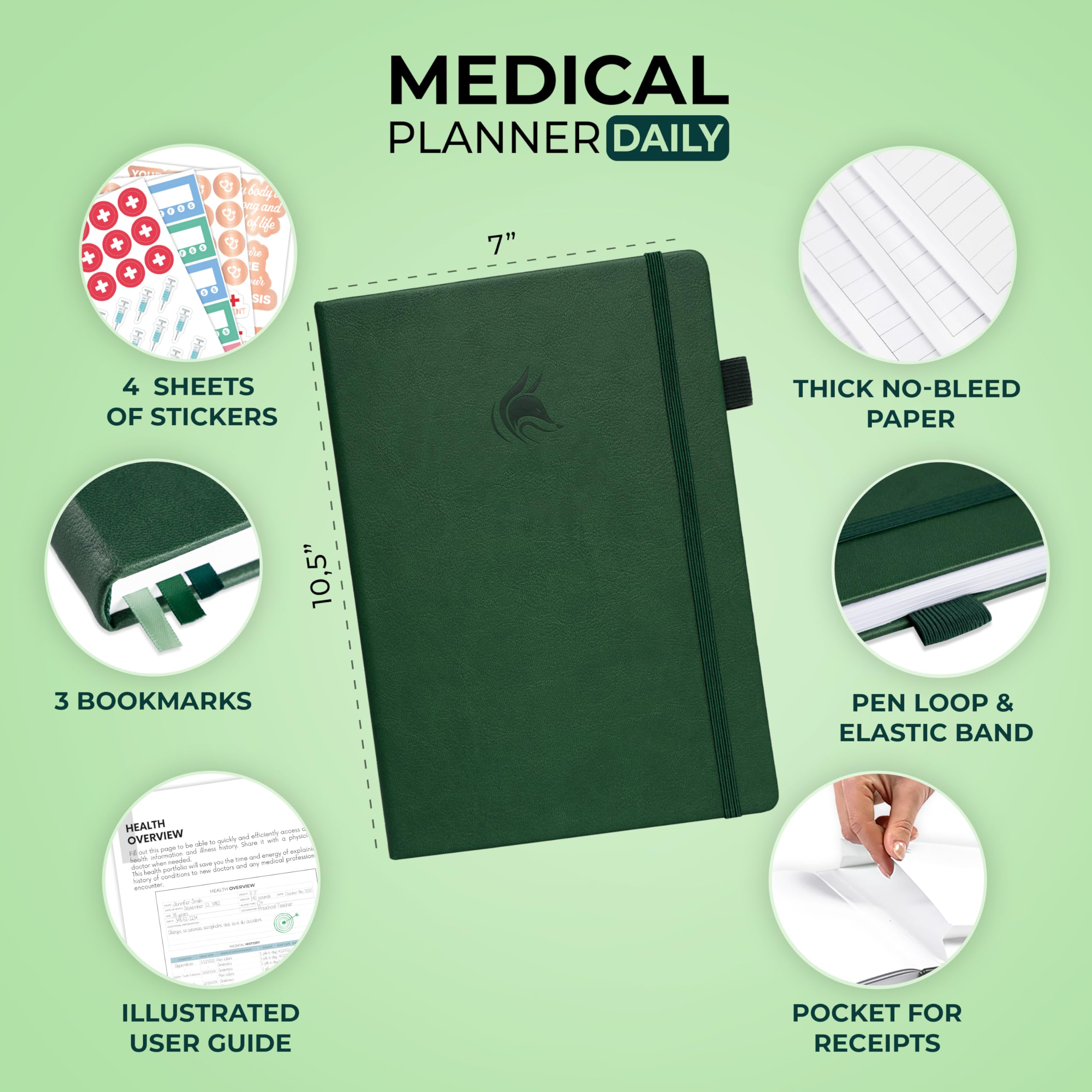 Clever Fox Agenda medica giornaliera – Diario medico sanitario, diario benessere e diario di bordo per monitorare la salute – 3 mesi, senza data, 18 x 26 cm, copertina rigida (verde foresta)