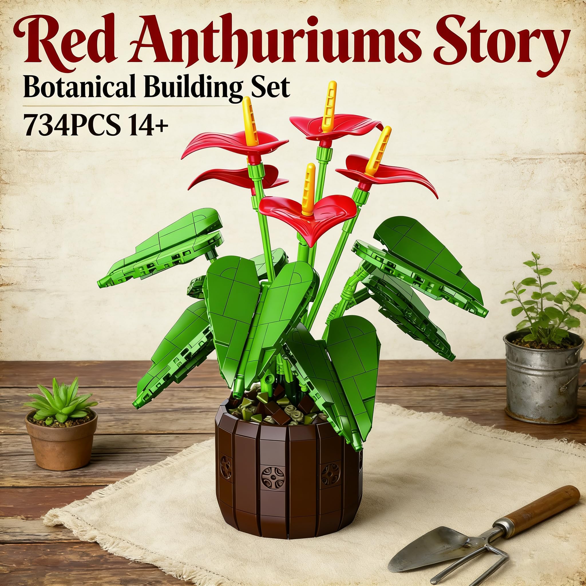 Mavo Brix Set di Costruzione Anthurium con Anturi Rossi e Vaso per Adulti, Compatibile con la Collezione Lego Botanicals, Deliziosa Decorazione in Vaso, Regalo Creativo a Tema Floreale, dai 14 Anni