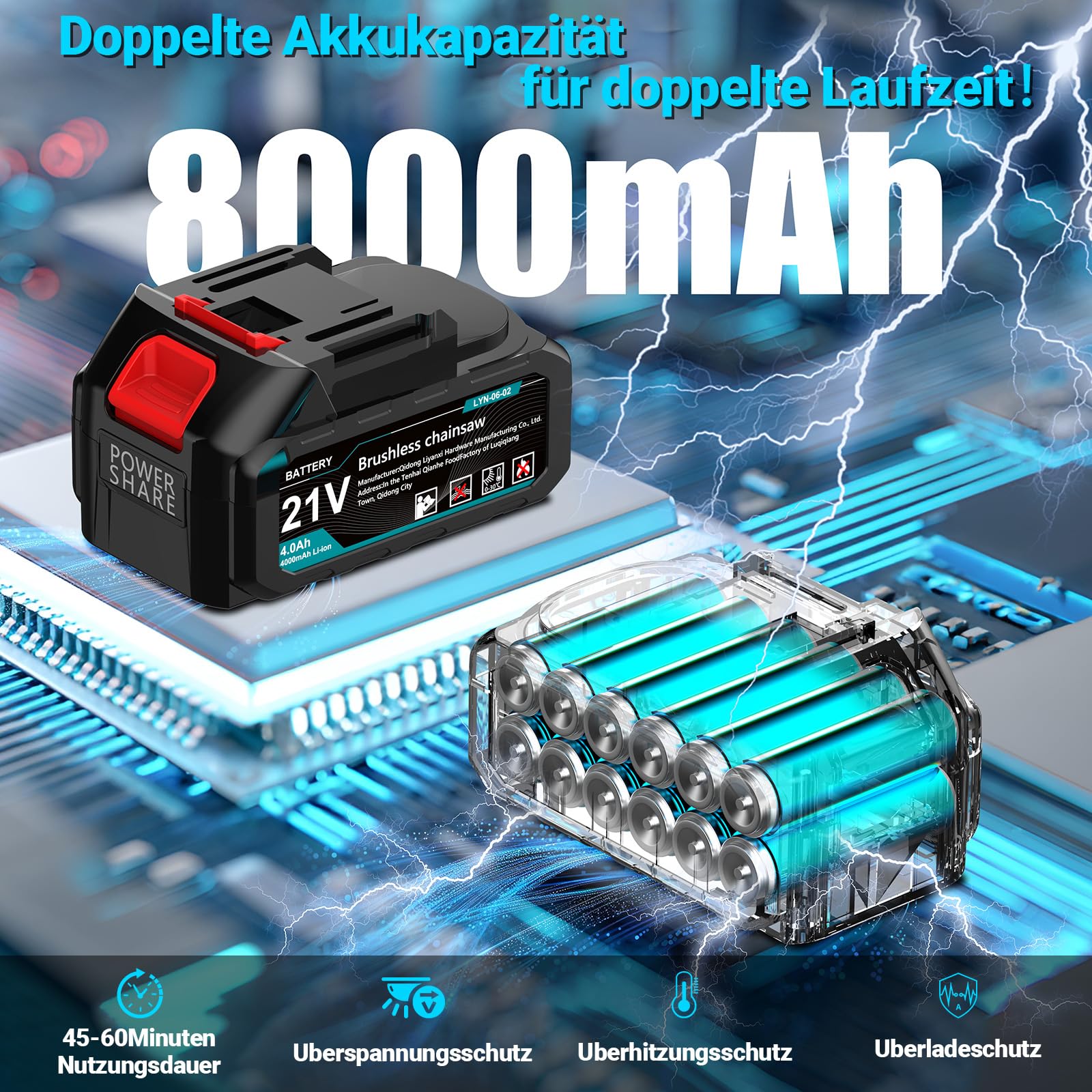 Mini Motosega a Batteria, 8000 mAh, 6 e 8 Pollici, Brushless | Motore 800 W, 2 batterie da 4000 mAh, 4 catene, autonomia da 45 a 60 min, lubrificazione a pressione, compatibile con Makita