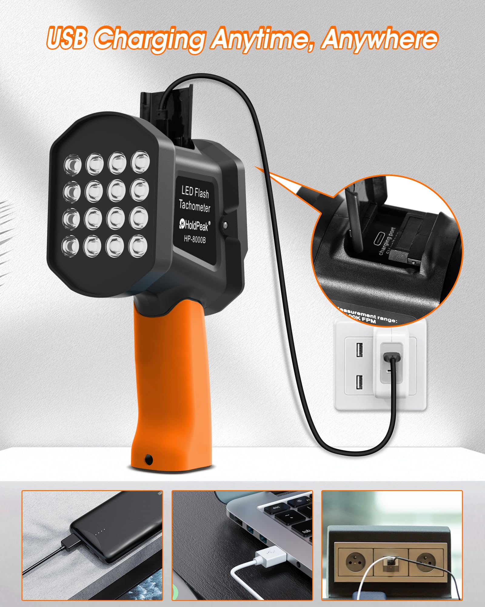 Stroboscopio LED 60–100.000 giri/min, WapoRich tachimetro digitale senza contatto con 16 LED, ricaricabile USB, display LCD per motori e ventole