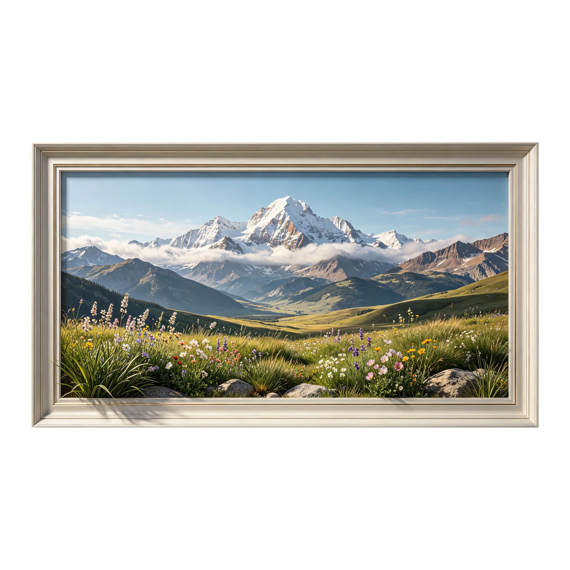 Yzpallescene 3D Framed Wall Art 50cm×100cm Snowy Mountain Meadow Peak Alpine Landscape Realistic View Large Size SelfAdhesive Removable Wall Decor Prints Artwork for Living Room Bedroom Office