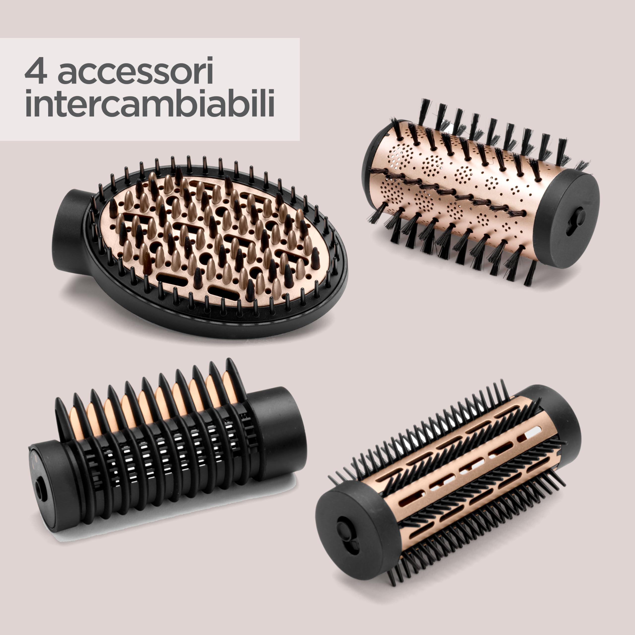 BaByliss AS970E Spazzola Rotante Da 650W, Funzione Ionica Anti-Crespo, 4 Accesori per Asciugare e Modellare, 2 Temperature + Tasto Aria Fredda, Nero e Oro