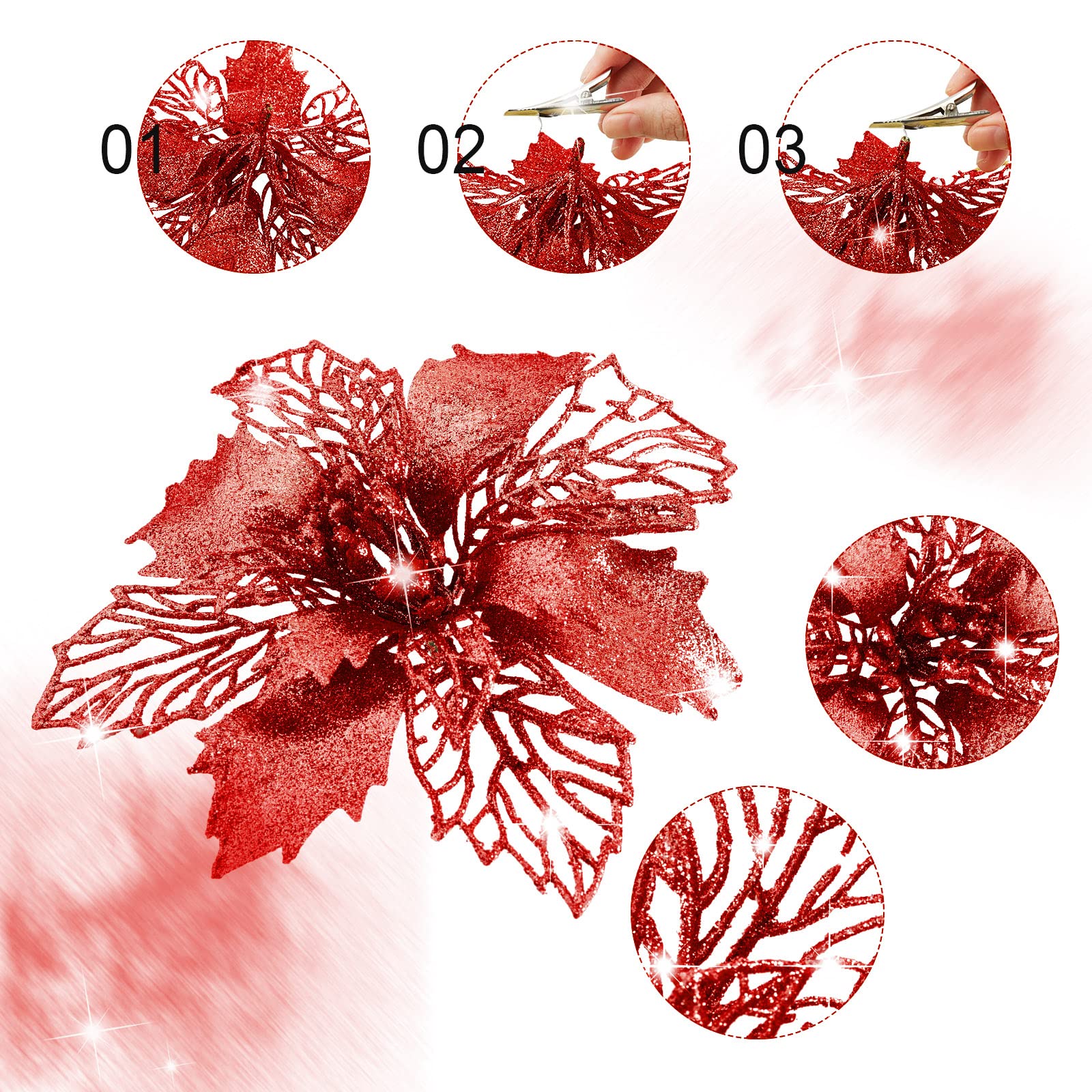 Whaline 24 Stück Weihnachtssterne mit 24 Clips, 4 Designs, rote Glitzerblumen, künstlicher Weihnachtsstern, Dekoration für Weihnachtsbaum, Ornament, Hochzeit, Dekoration, Winterpartyzubehör