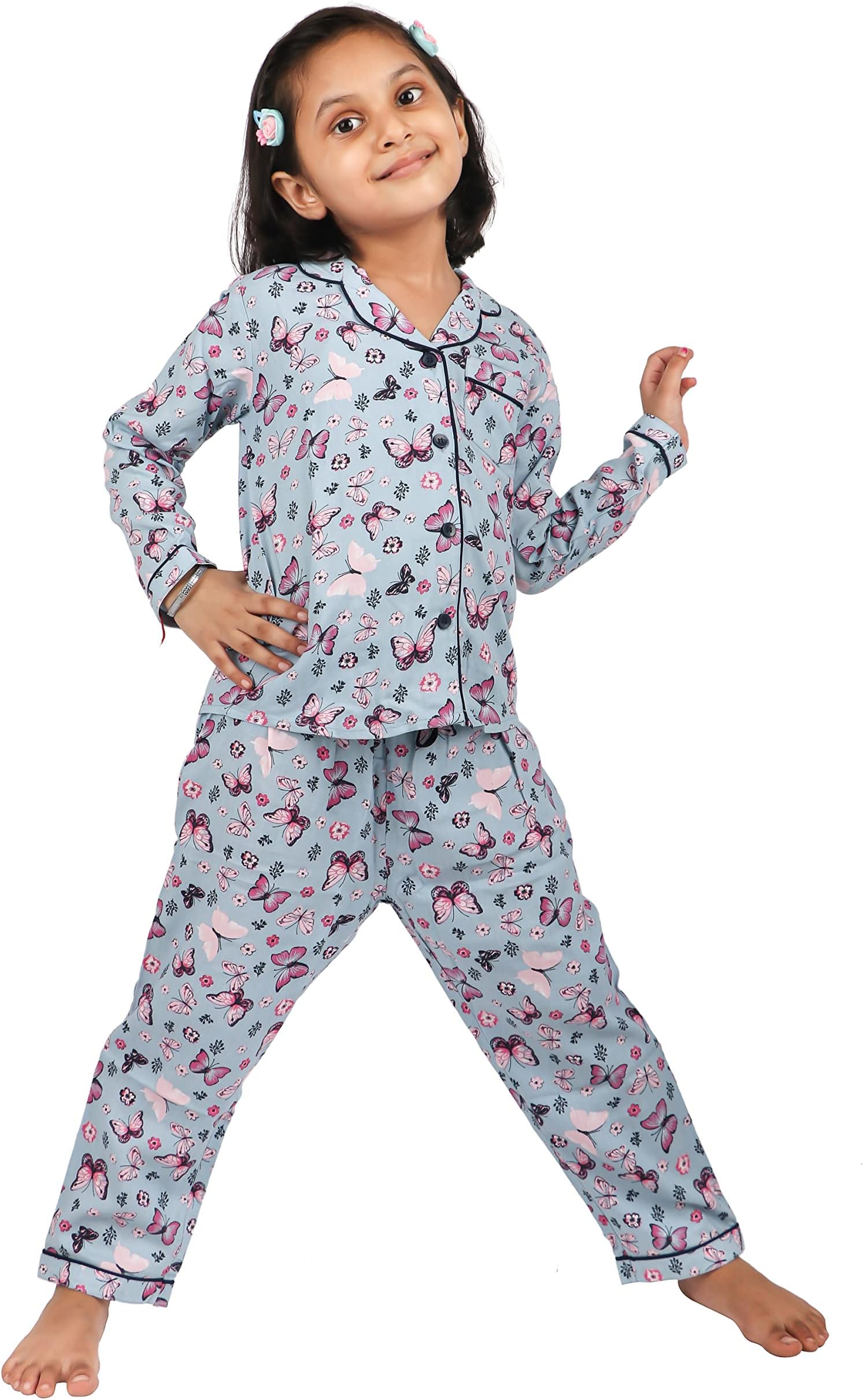 Tweeny MiniKids Girls Sleepwear | Night Suit | Night Wear | Top & Pyjama Set Full Sleeve with Pockets for Girls with Buttons (Pure Rayon)