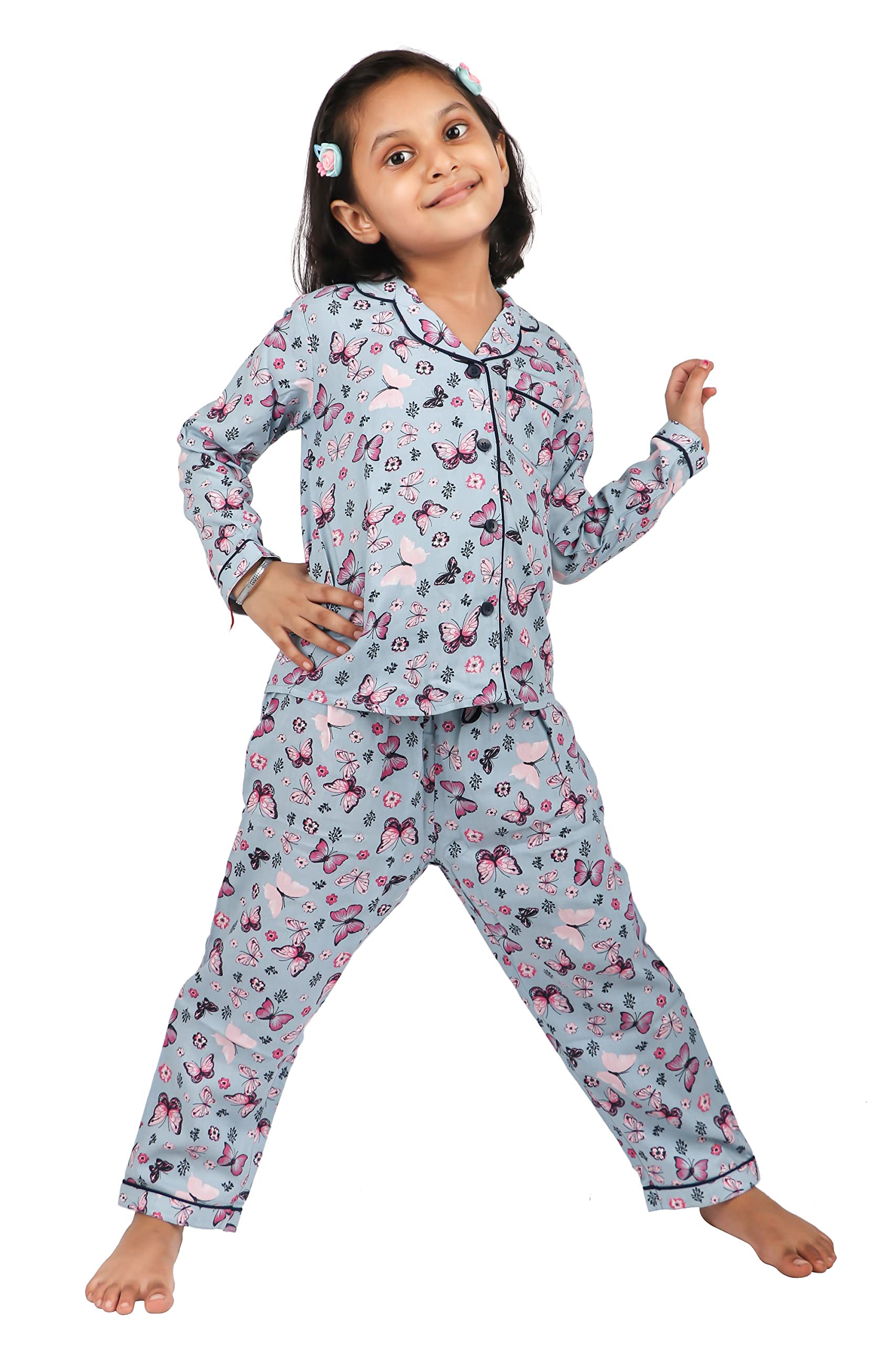 Tweeny MiniKids Girls Sleepwear | Night Suit | Night Wear | Top & Pyjama Set Full Sleeve with Pockets for Girls with Buttons (Pure Rayon)