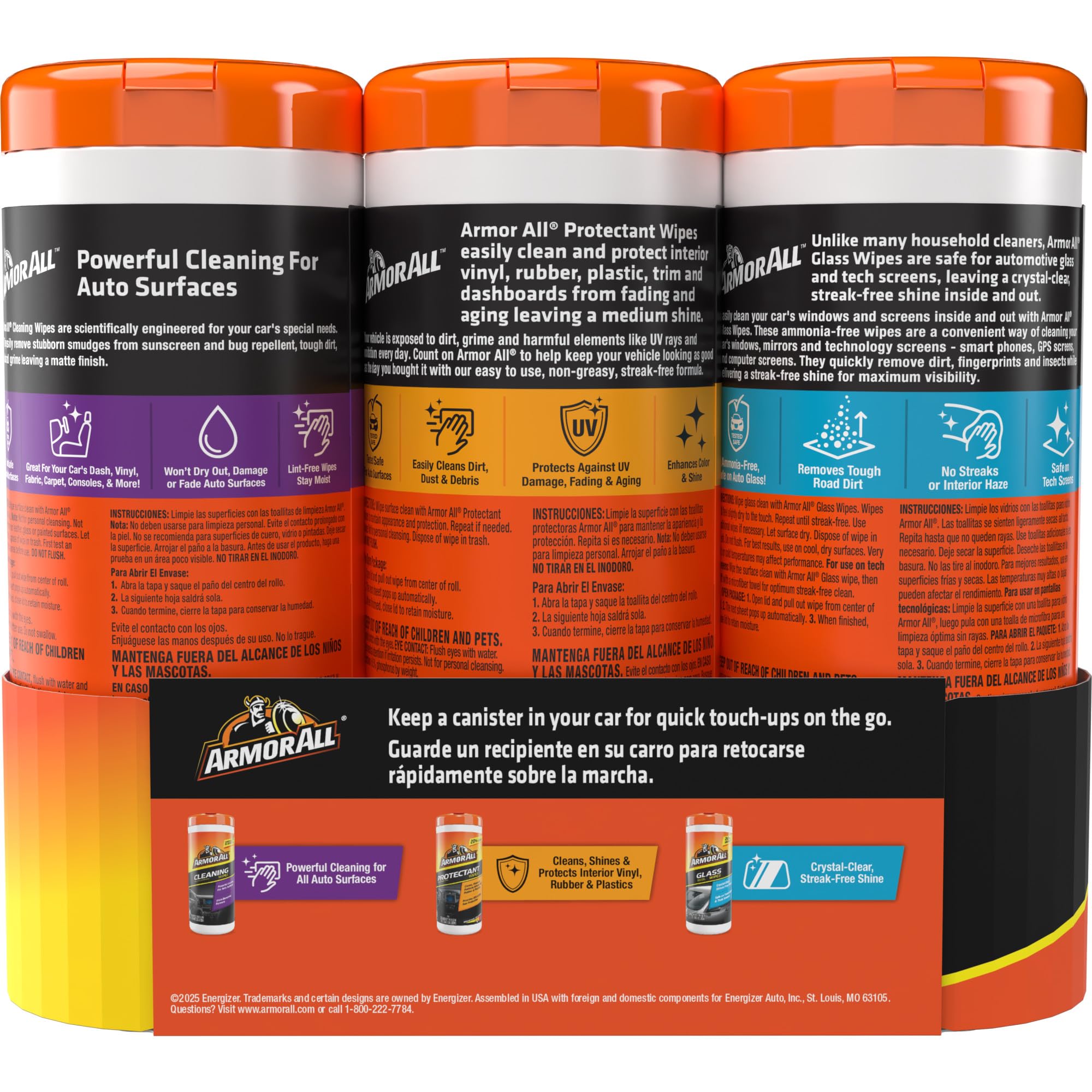 ARMOR ALL Pack 3 en 1 - Toallitas Multiusos, Salpicaderos Brillo y Cristales I 30 UDS Cada Bote I Limpieza Integral y Protección Completa I Cierre Hermético para Máxima Conservación