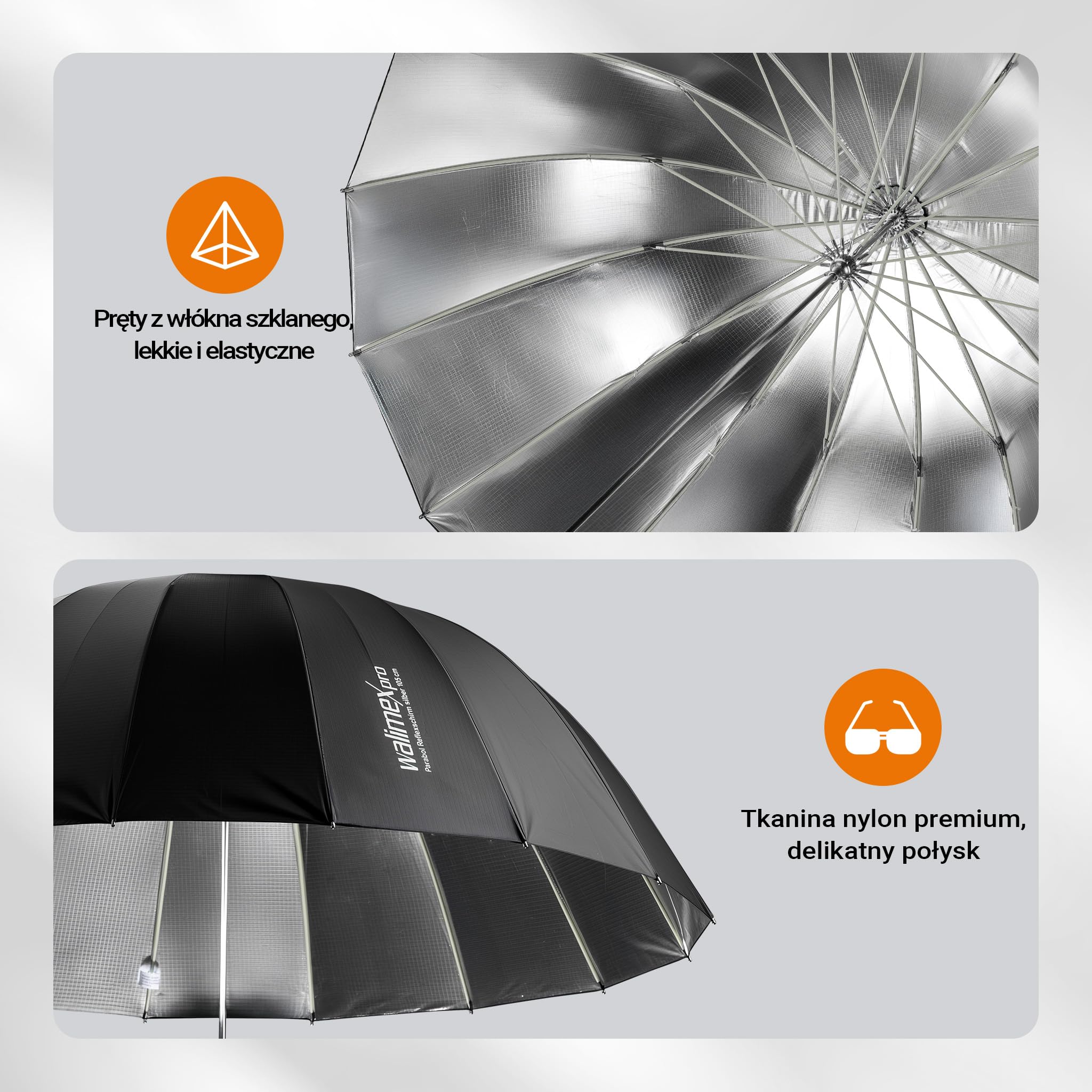 Walimex pro Parasolka refleksyjna paraboliczna czarno-srebrna Ø 105 cm do ukierunkowania światła