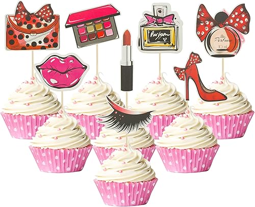 Gyufise Paquete de 32 adornos de maquillaje para cupcakes con purpurina para cumpleaños, decoración de tartas para despedida de soltera, decoración