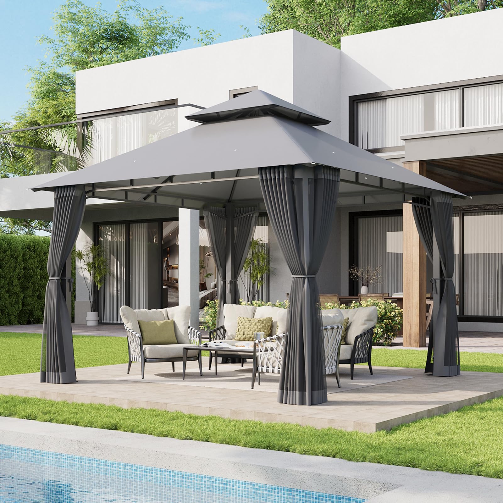 10x10 Gazebo with Double Roof & Mosquito Netting Outdoor Heavy-Duty Party Tent, Patio Tent with Zipper Screens - Backyard Garden Lawn Shelter Includes Wind Ropes Expansion Bolts, Gray, Incomplete box 1 of 2 only. 