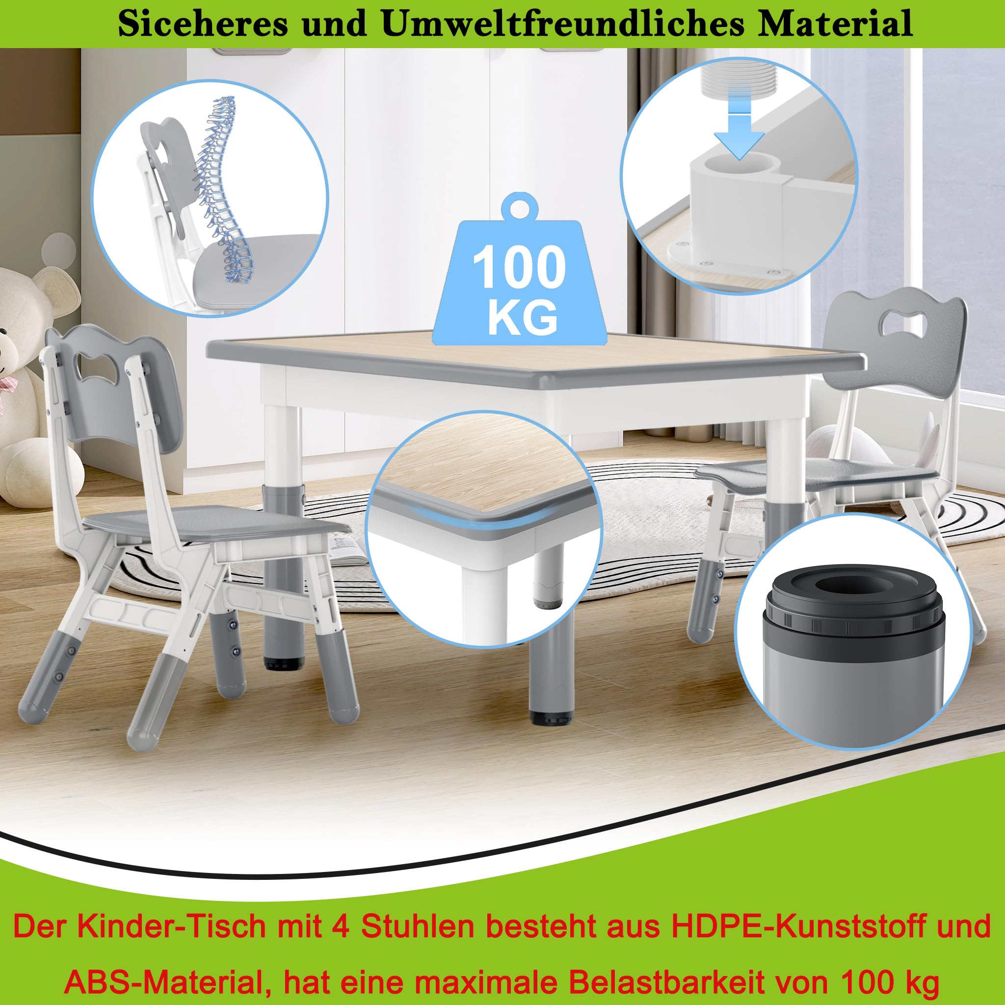 XMTECH Stół dziecięcy z 2 krzesłami, 80 x 60 cm, zestaw mebli dziecięcych z regulacją wysokości, zestaw krzeseł dla dzieci do klasy/przedszkola, meble dziecięce z HDPE i ABS, dla dzieci w wieku 2-10