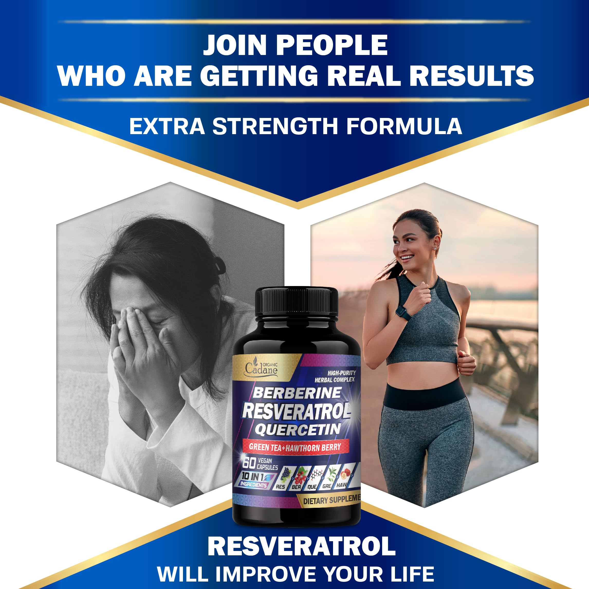Cadane Resveratrol Supplement - 10in1 Plus with Quercetin, Berberine, Green Tea, Grape Seed, Hawthorn Berry, Turmeric, Rhodiola Rosea, Ginkgo Biloba, and Black Pepper - 60 Capsules — Amazon image 6