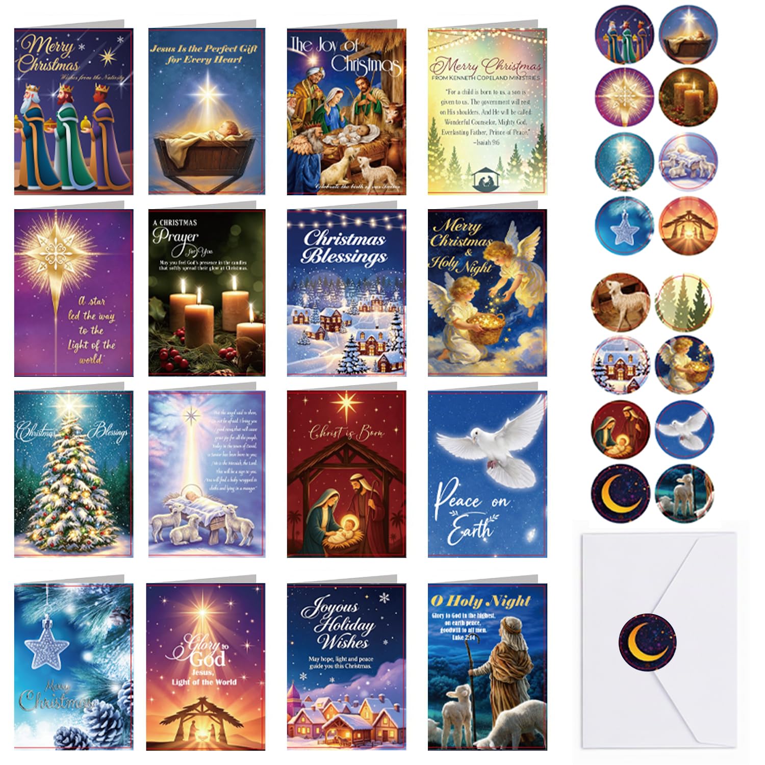 16-Set Religious Christmas Cards with Blank Envelopes and Stickers