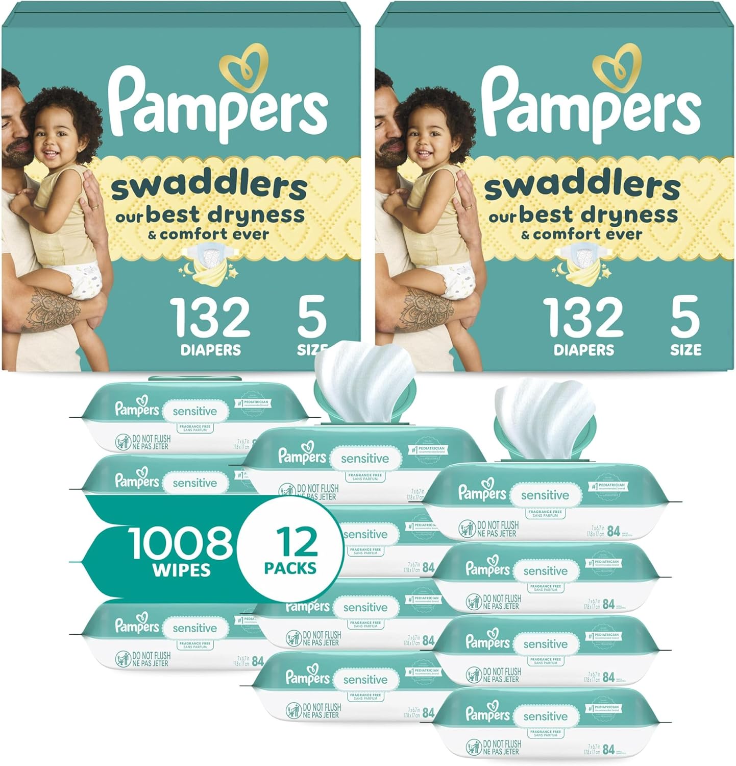 Pampers Swaddlers Disposable Baby Diapers Size 5, 2 Month Supply (2 x 132 Count) with Sensitive Water Based Baby Wipes 12X Multi Pack Pop-Top and Refill (1008 Count)