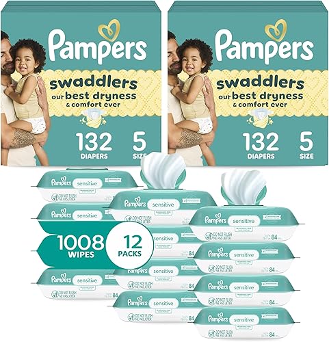 Pampers Swaddlers - Pañales desechables para bebé, talla 5, suministro de 2 meses (2 x 132 unidades) con toallitas sensibles a base de agua, 12
