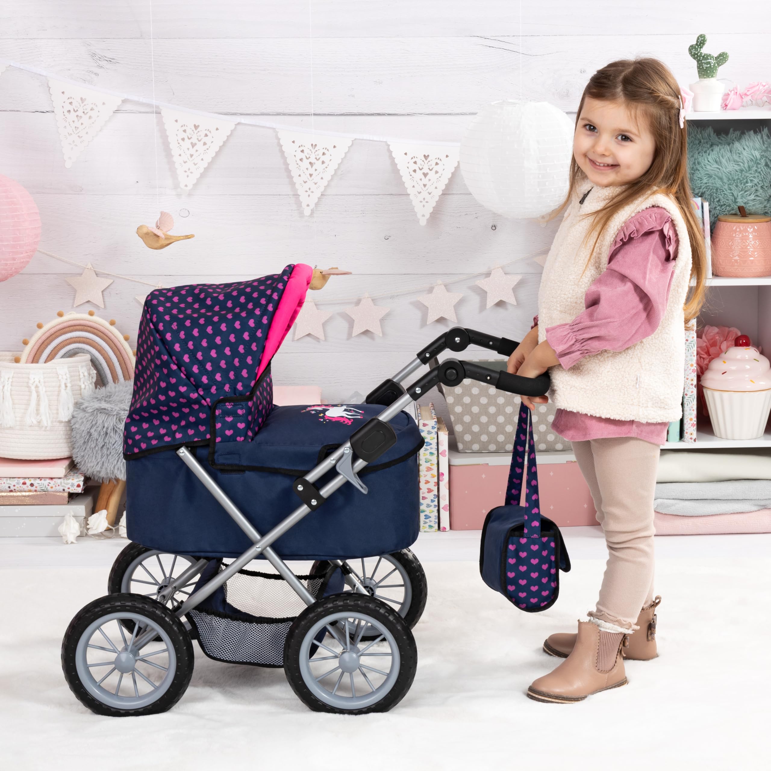 Bayer Design 13054AA Carrozzina per Bambole e Bambolotti, Passeggino per Bambola con borsa, pieghevole, regolabile in altezza blu con unicorno