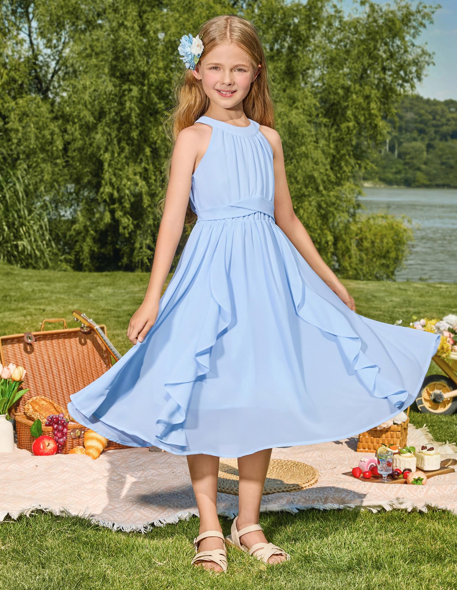 GRACE KARIN Mädchen Chiffon Kleid, Trägerhals und Längsrüschen, A-Linie für Festliche oder sommerliche Anlässe