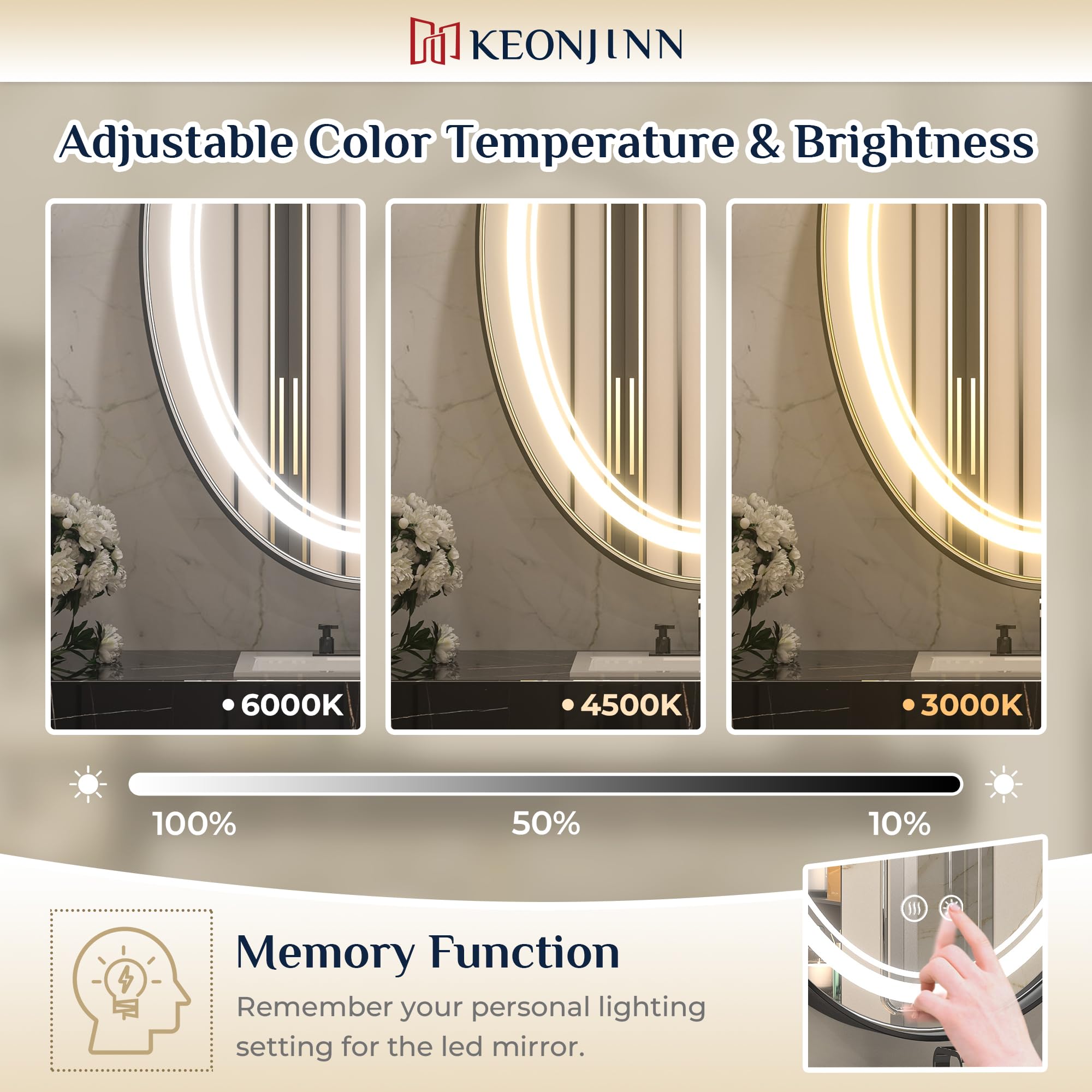 Keonjinn 24 x 36 Inch LED Oval Mirror Black Framed Bathroom with 3 ...