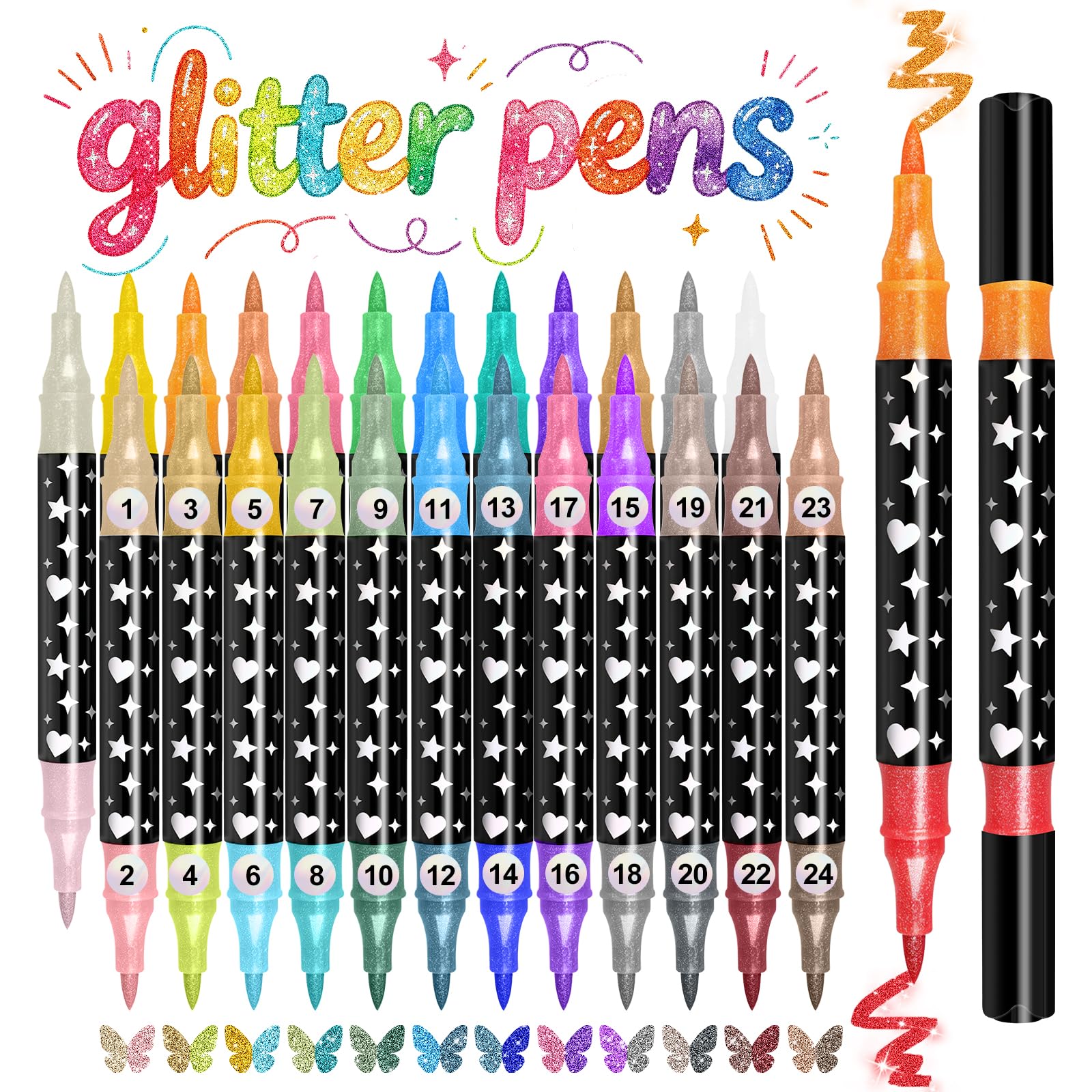 Funnasting Juego de rotuladores de 48 colores con purpurina, 24 unidades de rotuladore de doble punta con purpurin, rotuladores metálicos con purpurina a base de agua para pintar, proyectos de