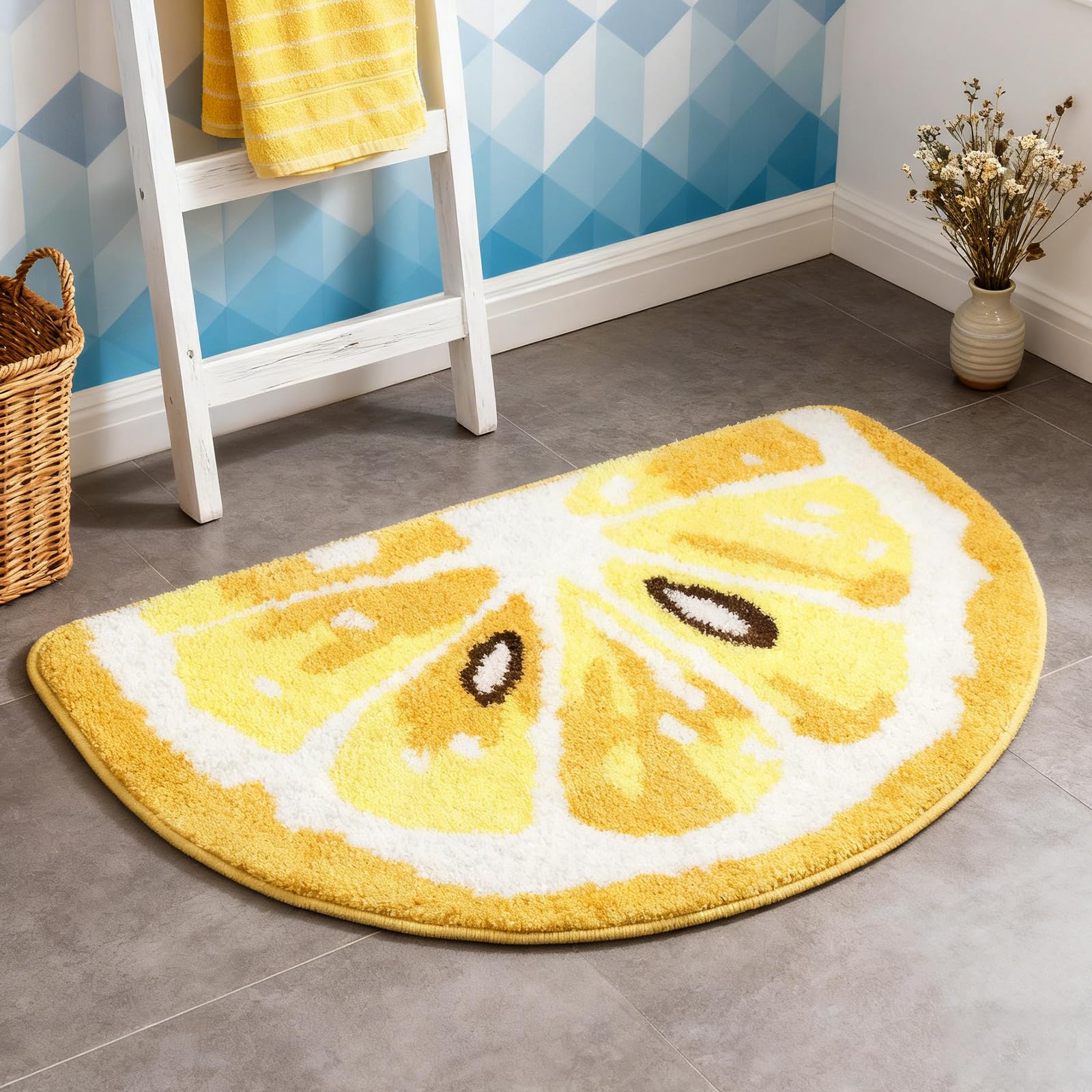Zitronen Motiv Badematte Anti-Rutsch, Weicher Badezimmer Teppich aus Samt, Saugstark & Waschbar Gelb 45 x 80 cm