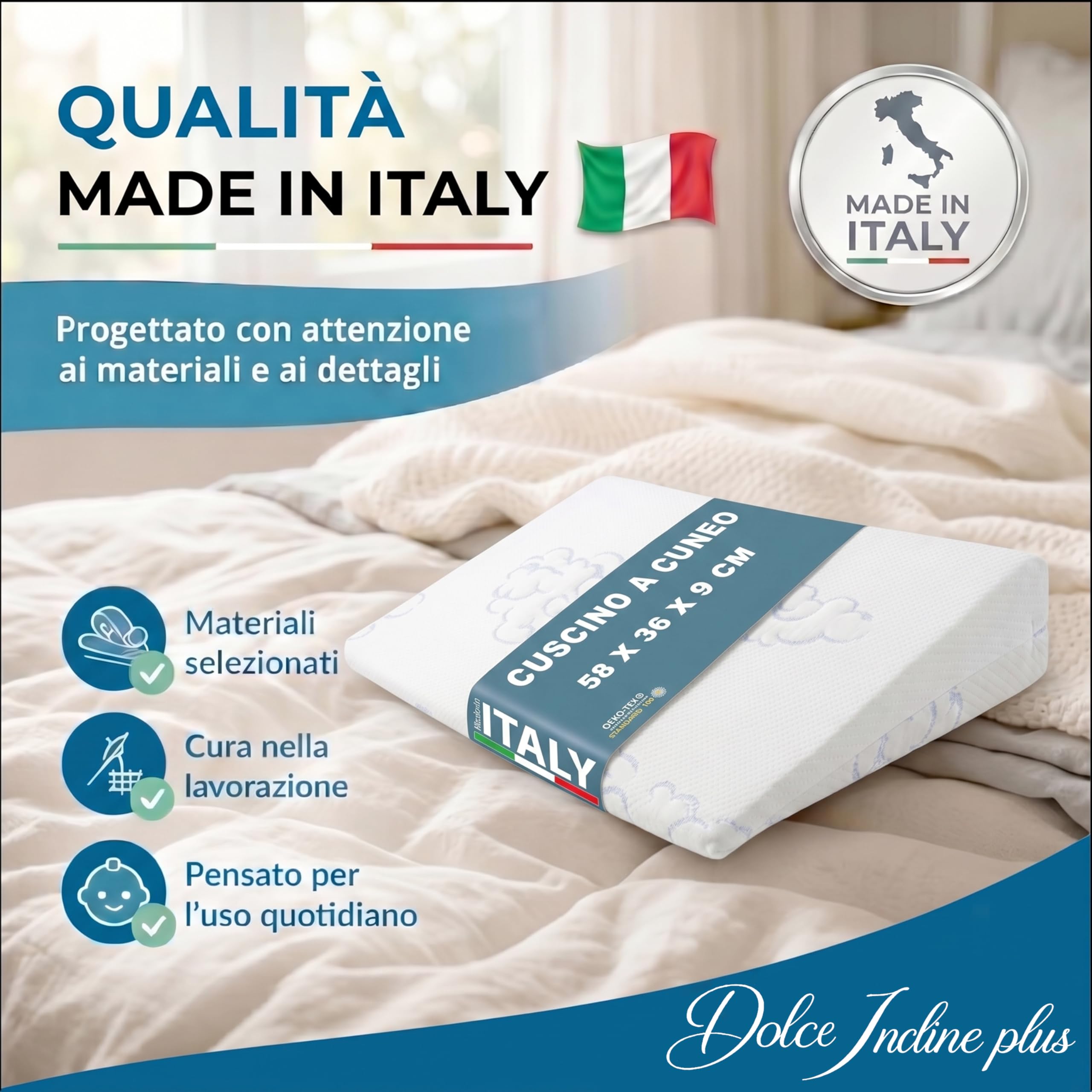 Manami Cuscino a Cuneo, Inclinazione Ergonomica 15°, Sfoderabile e Lavabile, Cuscino Lettino,Traspirante, Made in Italy