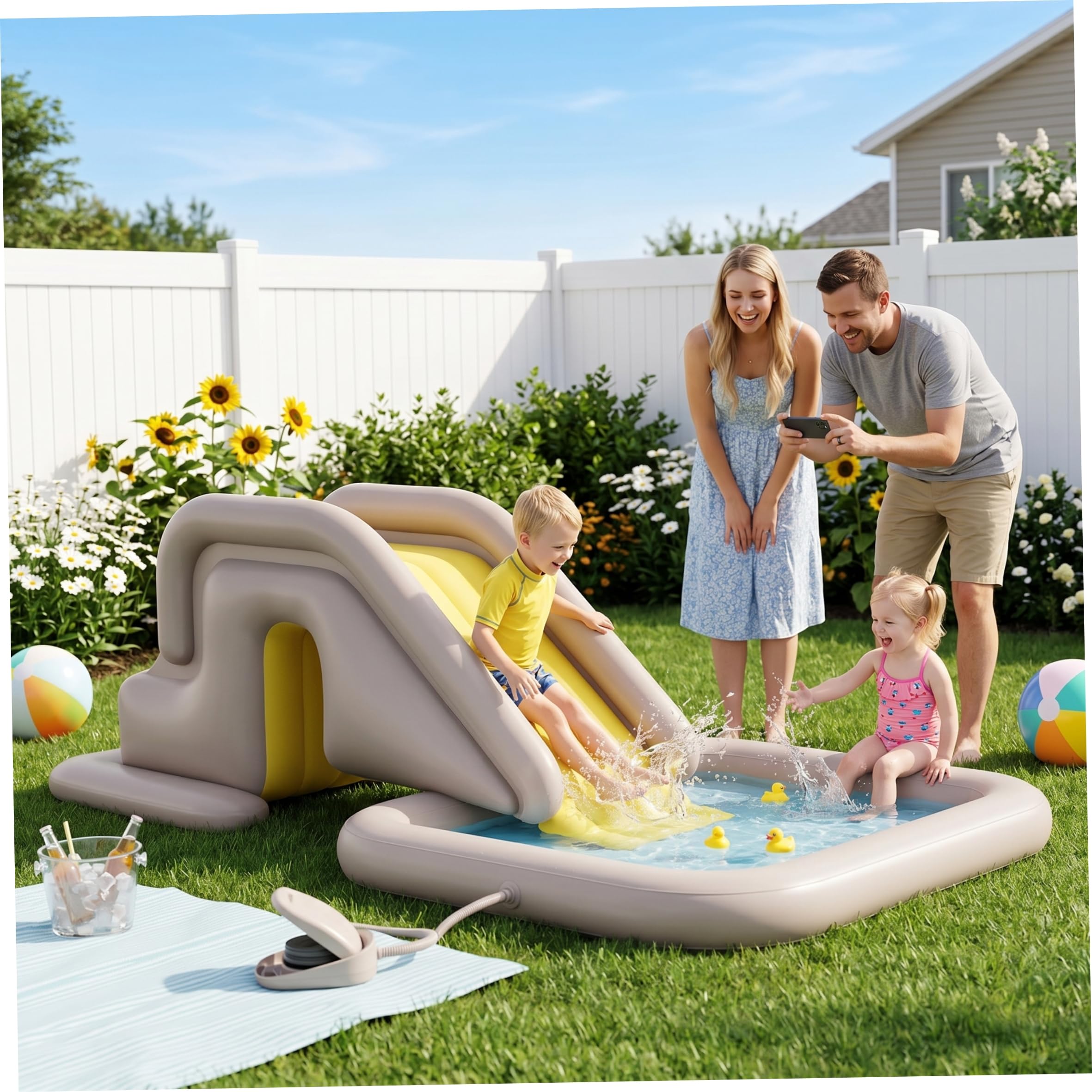 Scivolo Gonfiabile per Piscina con Ampia Base e Pompa a Pedale per Bambini Adulti Interni Esterni