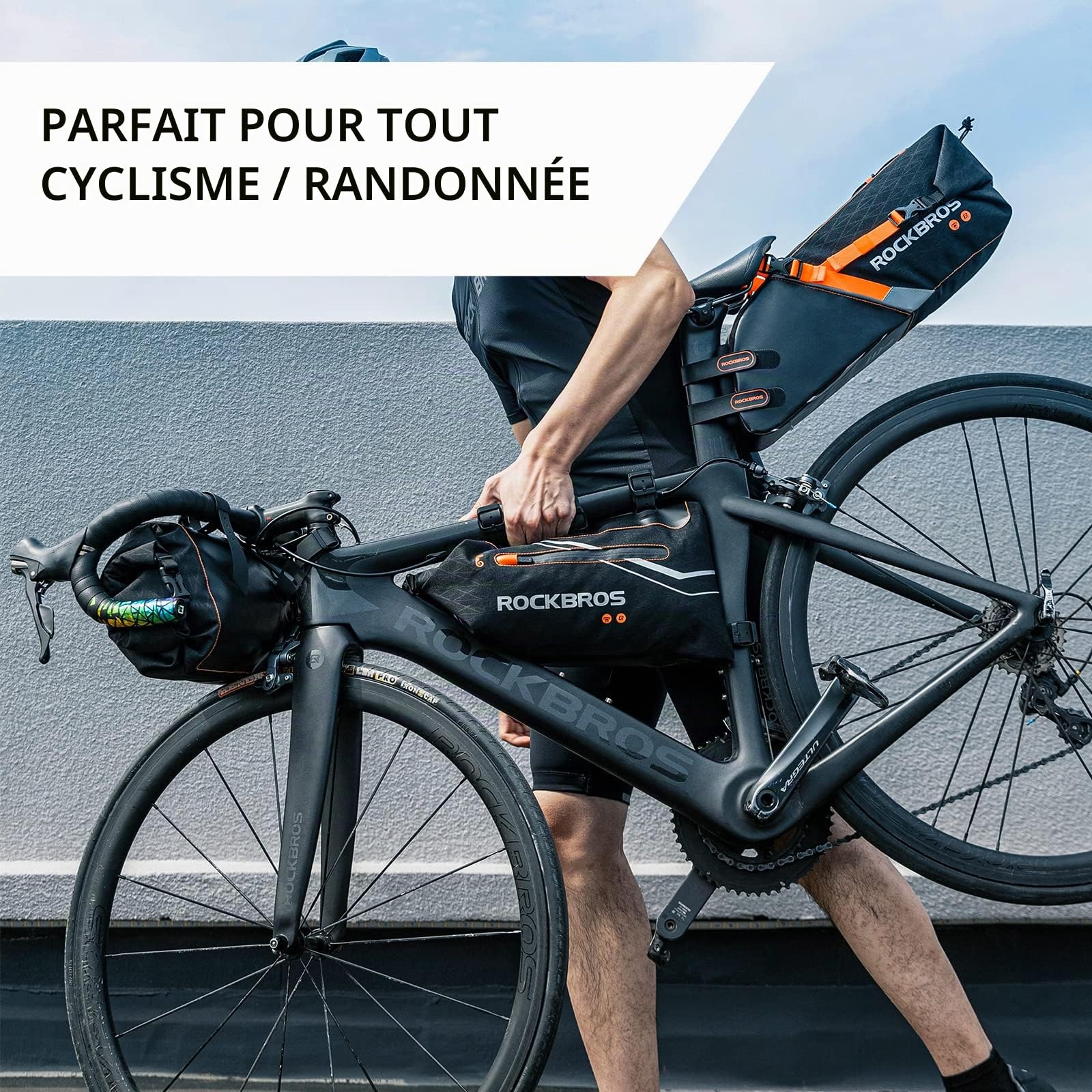 ROCKBROS Set de Sacoche de Vélo : Sacoche de Cadre + Sacoche de Guidon + Sacoche de Selle, Bikepacking 2L + 3,5L + 10L Grande Capacité Étanche, Noir Orange